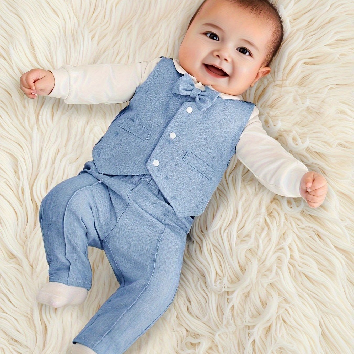 Image of 3pcs Set: Boys' Infant Casual Vest + Long-sleeved Bodysuit Romper + Elastic Waist Long Pants Clothing, Spring/autumn Style. Baby Boy Gentleman 1st Birthday Gift, For Outdoor, Christmas, Halloween