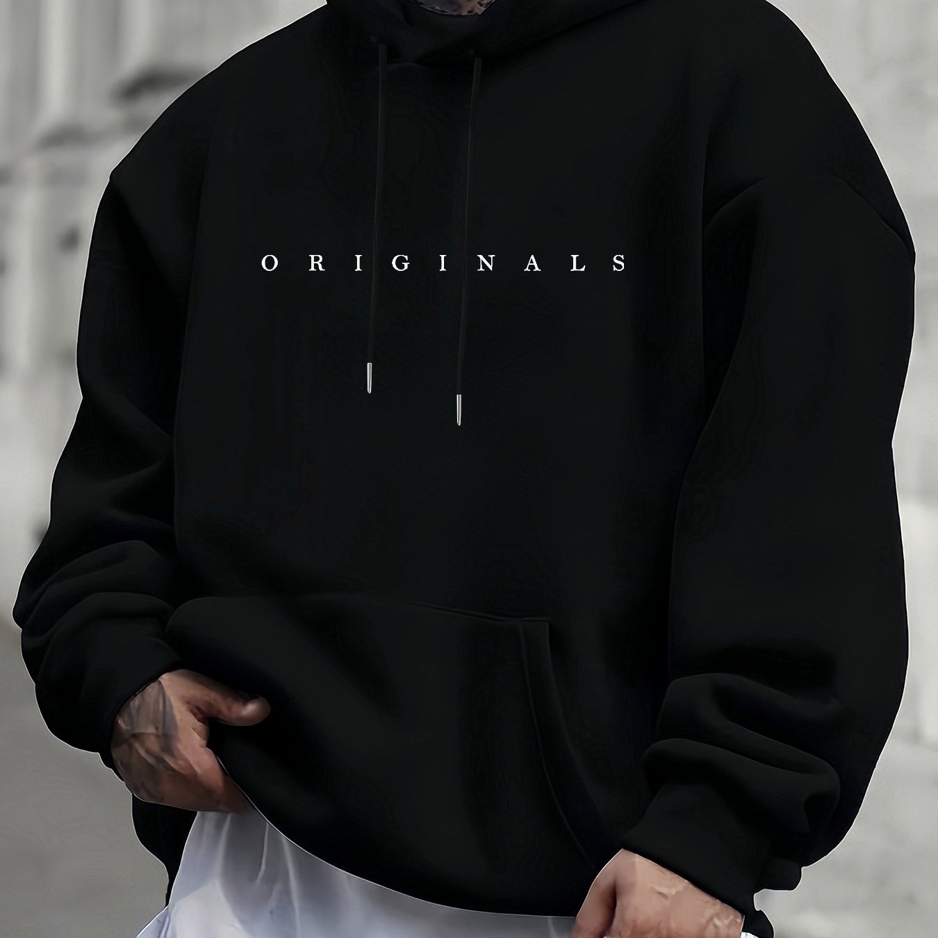 Image of [95% 5% Spandex] Plus Size Men's Casual Pocket Loose Hooded Sweatshirt With "" Print, 240g Base Layer Factory 's Comfortable High-quality Rate Casual Athletic