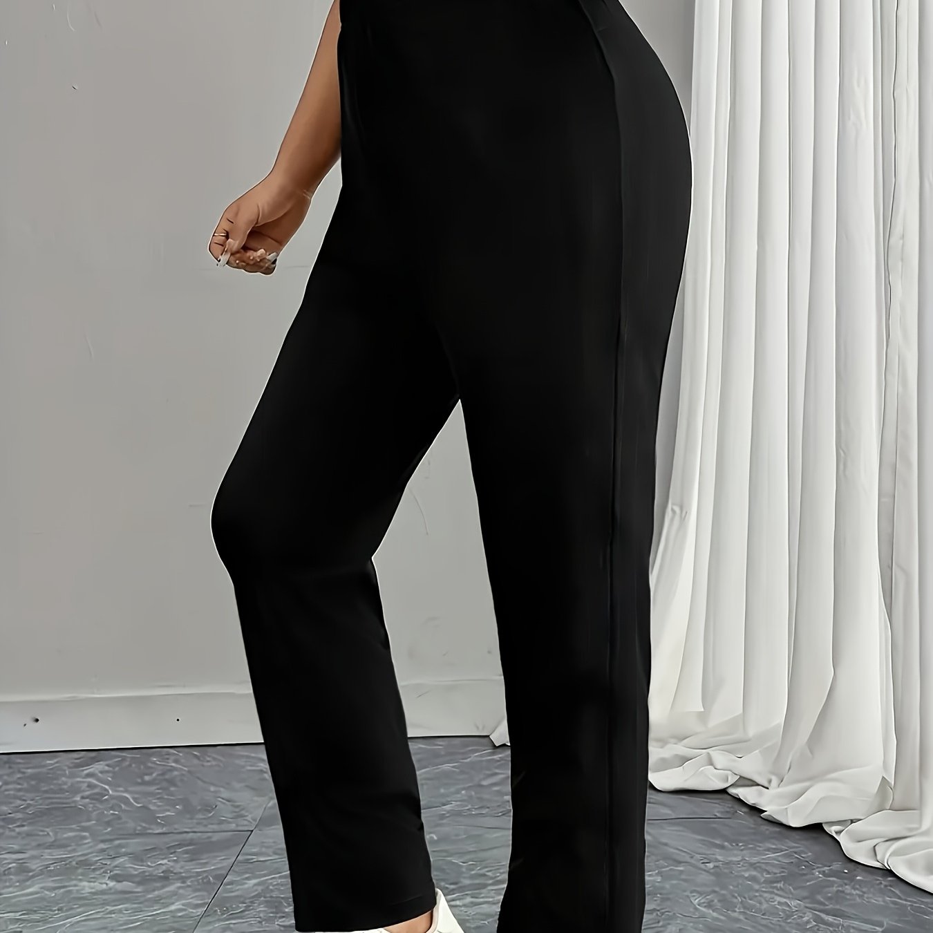 TEMU Plus Size, Women's Plus Size High-waisted Full-length Capri Suitable For Types Tummy Control Pants - Medium-stretch Opaque Fabric, Solid Black,