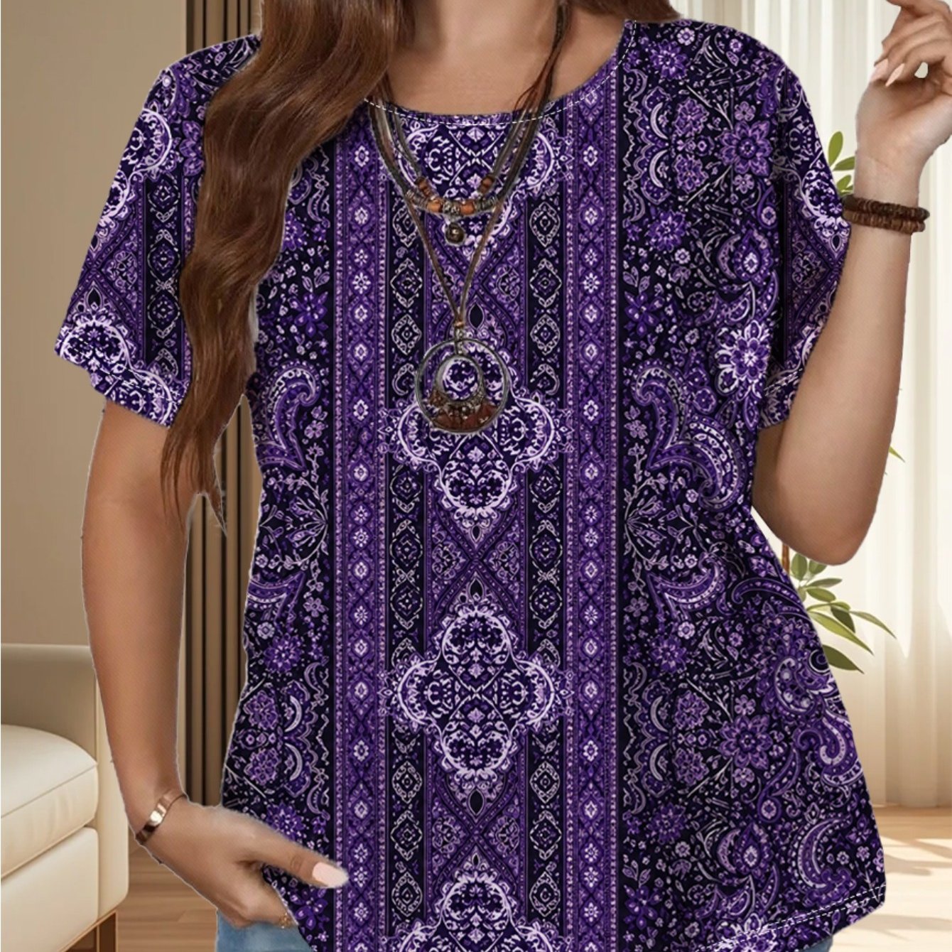 TEMU Plus Size, Women's Plus-size Stretch T-shirt - Loose-fit Short Sleeve Round Neck Suitable For Layering With Full-body Deep Purple Paisley Print,