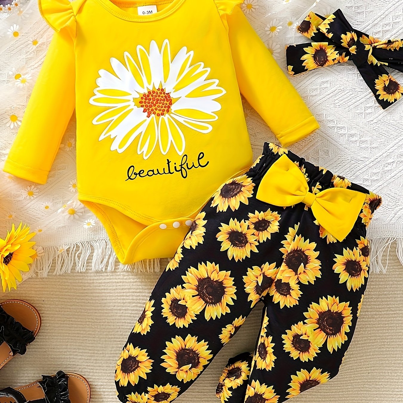 Image of 3pcs Set For Baby Girl: Floral Print Long Sleeve Top, Bow Detail Pants, And Headscarf, Fashion Casual Wear, For Outdoor