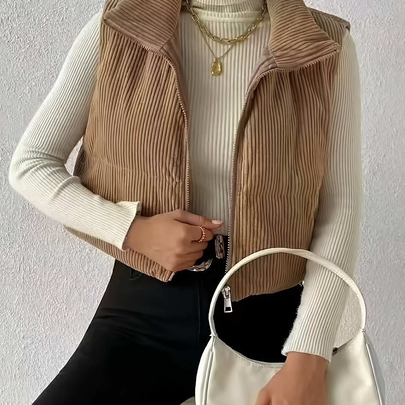 TEMU 1pc Women's Spring/autumn/ Solid Color Sleeveless Zipper Side Pocket Vest