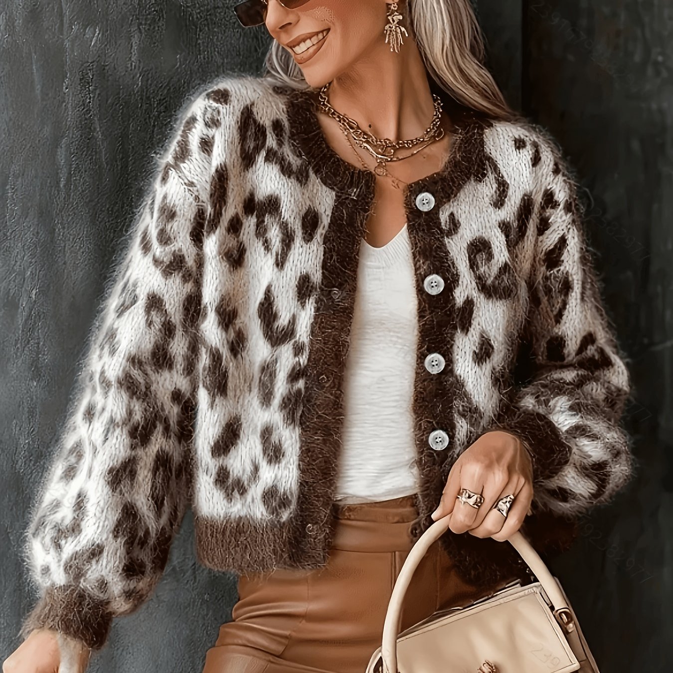 TEMU Women's Leopard Print Sweater, Round Neck Long Sleeve Cardigan, Leopard Print Jacquard Design, Versatile Spring, Fashionable And Versatile