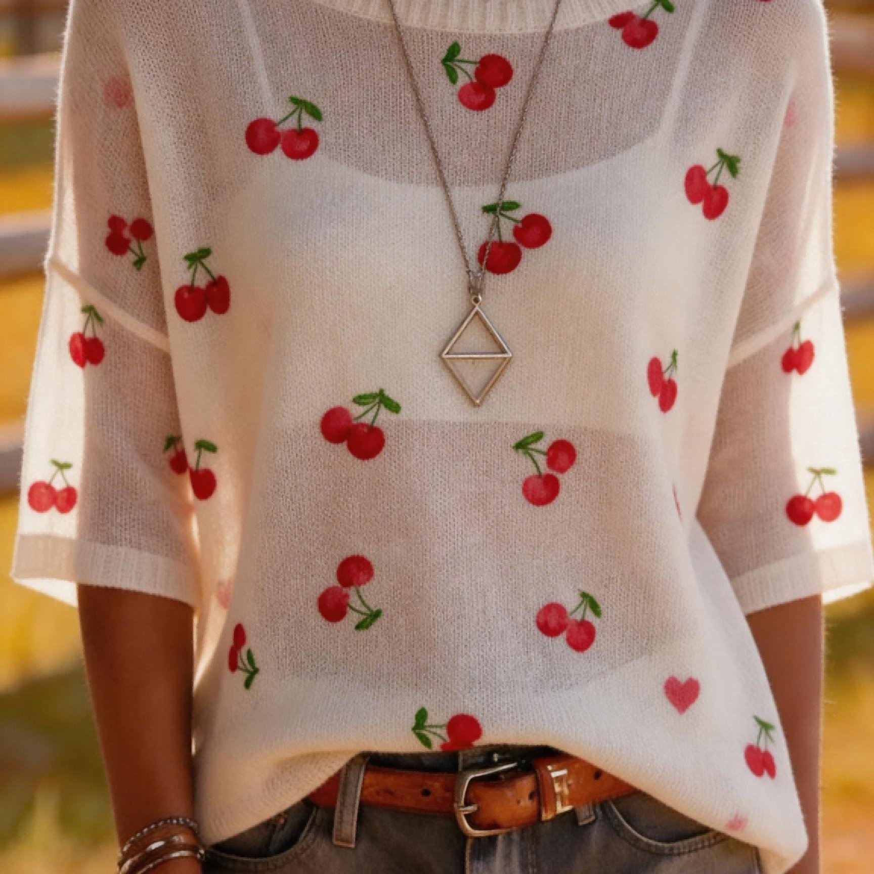 TEMU Fresh Cherry Print Breathable Sweater, Spring Summer Fall Loose Casual Beige Round Neck Lightweight Lazy Style Top