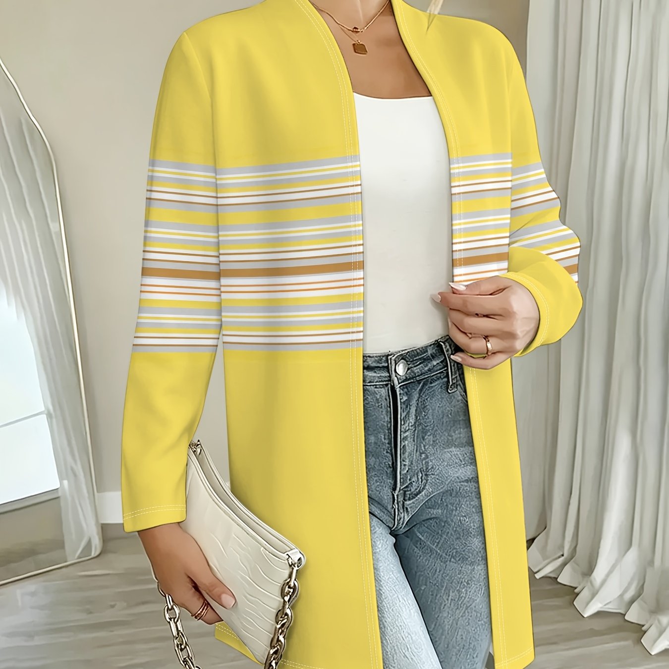 TEMU Women's Elegant Loose-fit Stand Collar Thin Long Sleeve Cardigan, Mid-length Open Front Outer Coat For Spring And Autumn