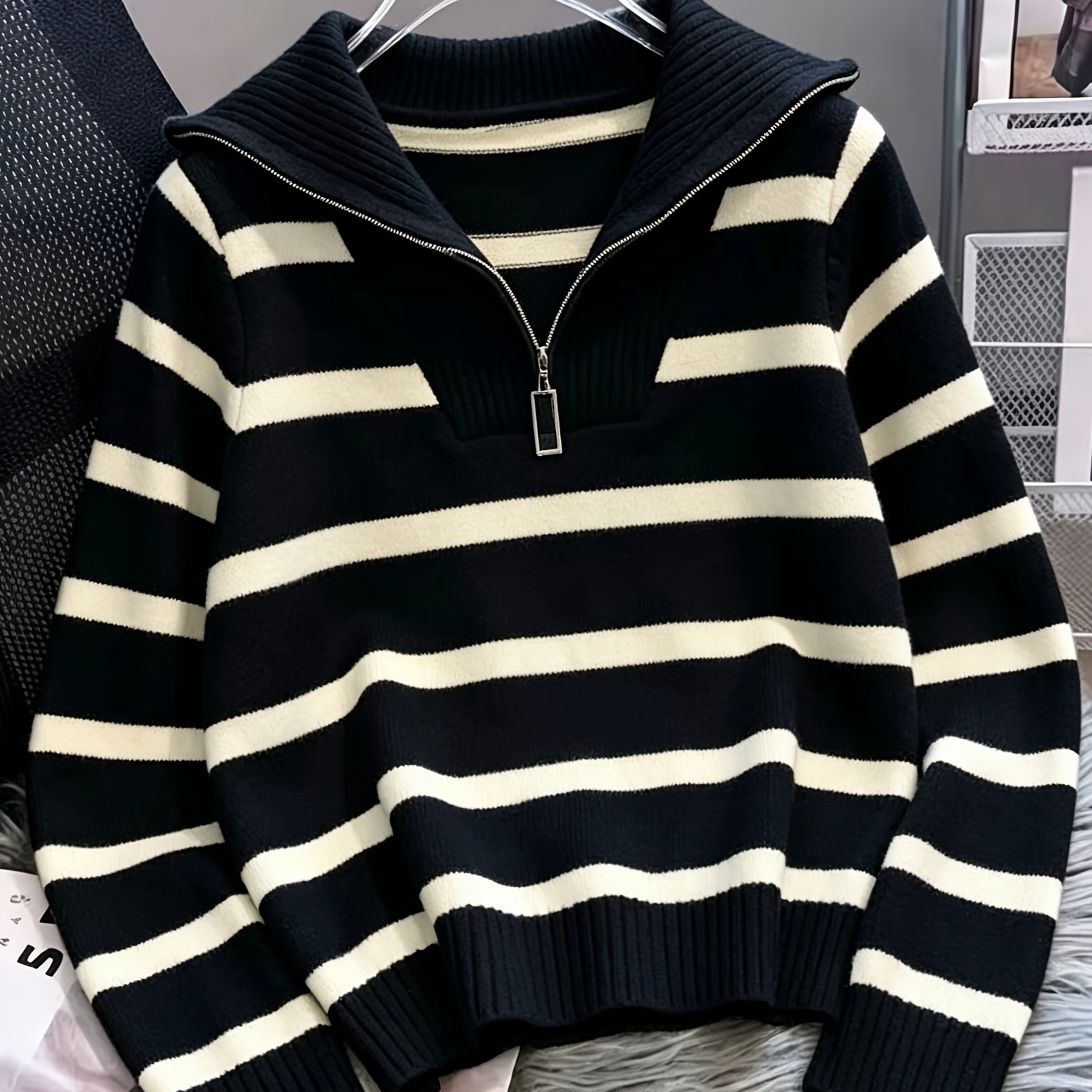 TEMU Pull rayé à demi-fermeture éclair et col à pour femme - Pull épais et à de couleur adapté à toutes , cardigan à fermeture éclair pour blouses