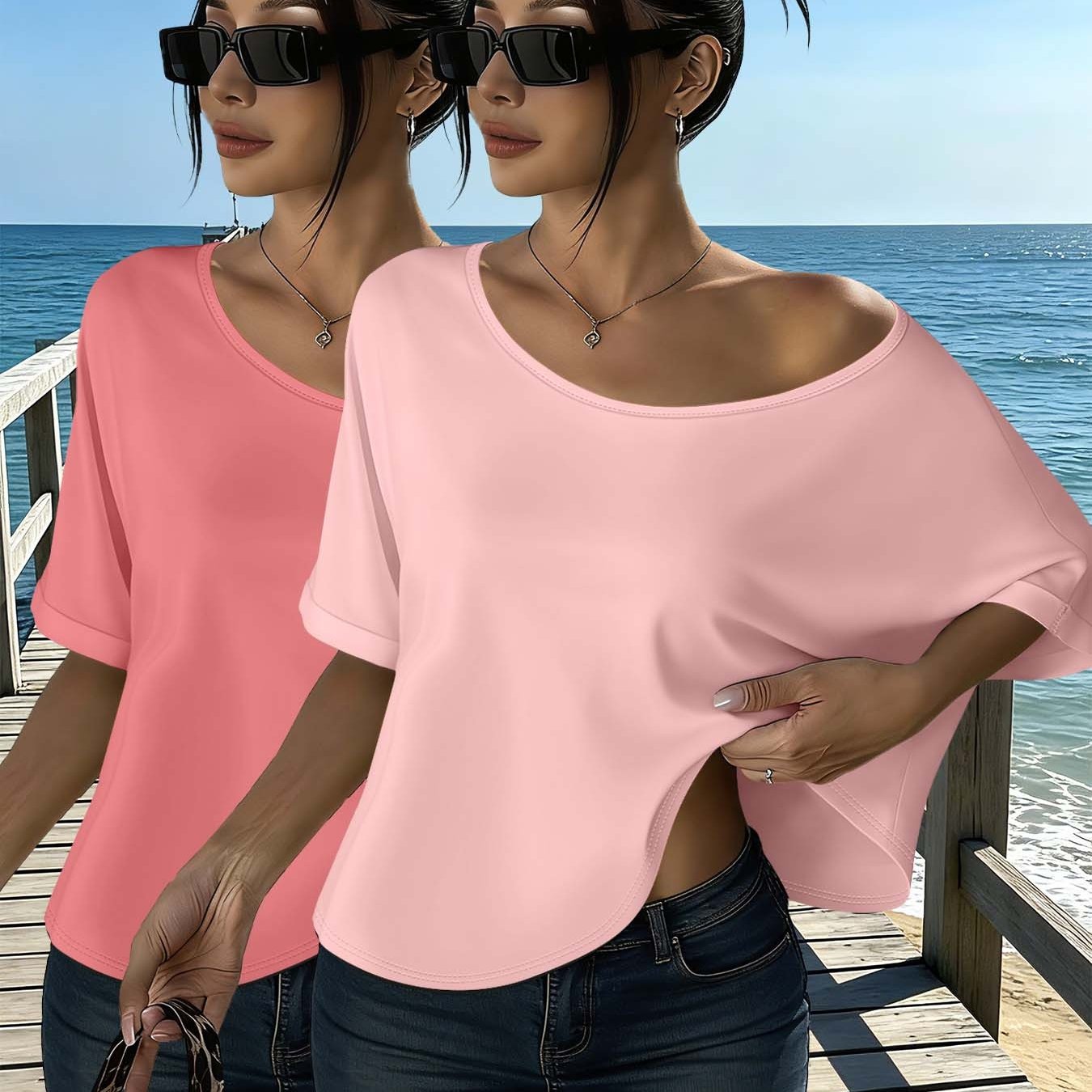 TEMU Lazy Minimalist Style Women's Off-shoulder Top Two-pack, Single Off-shoulder Design Highlights Beautiful Collarbones, 2026 Summer Casual