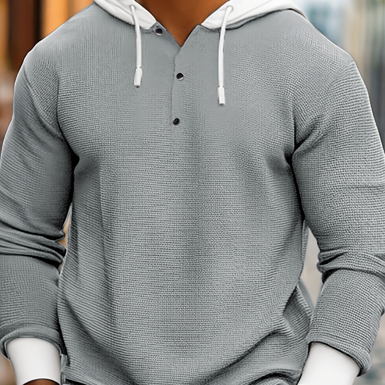 Image of Men's Fall Winter Henley Shirt - Button-front Long Sleeve Sweater, Machine Washable Casual Button-up Top For Everyday & Formal Outfits - Elegant Office Party Shirt, Textured Waffle Fabric