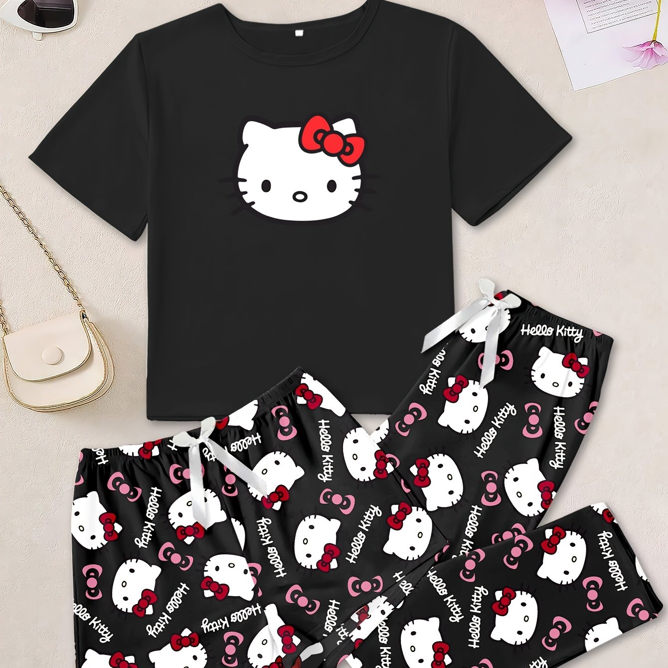 Hello Kitty Pajamas Round Neck Short Sleeve Short Shorts Long Pants Cartoon Print Comfortable Pajama Set 3pcs