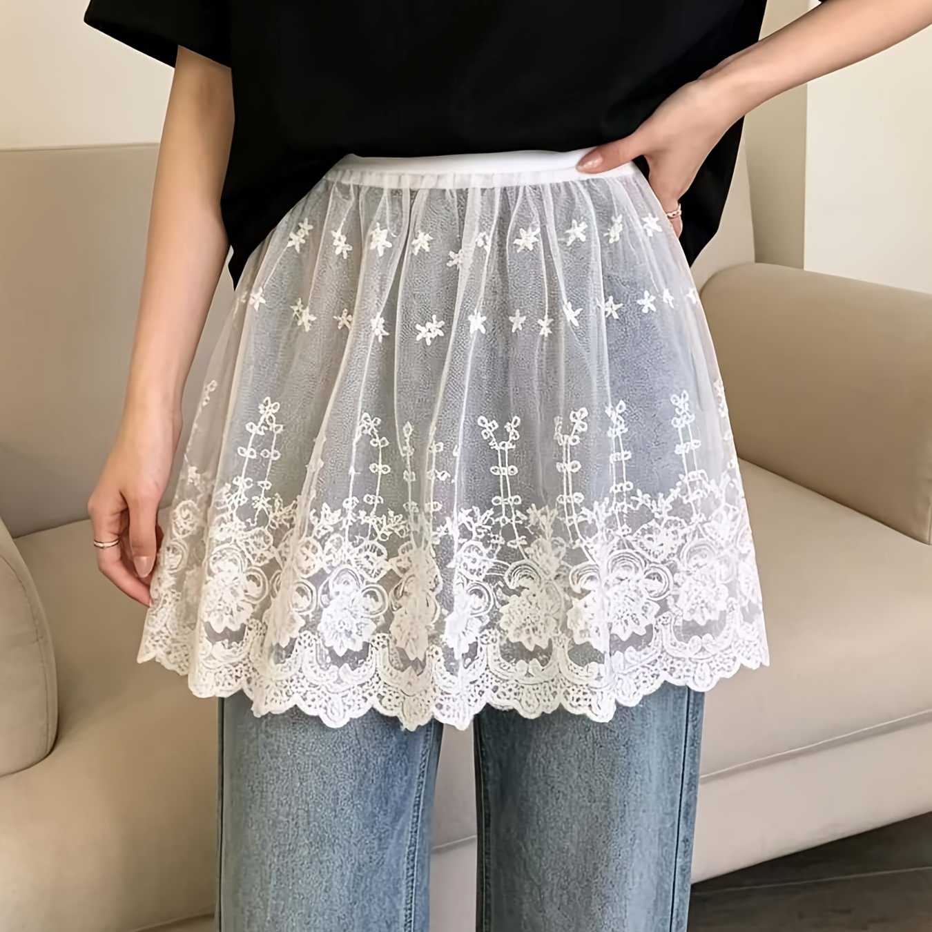 TEMU 日韓風 ノベルティ ル柄 メッシュ 万能 透かし彫りスカート オール ト レース重ね着 刺繍入り ヒップカバースカート