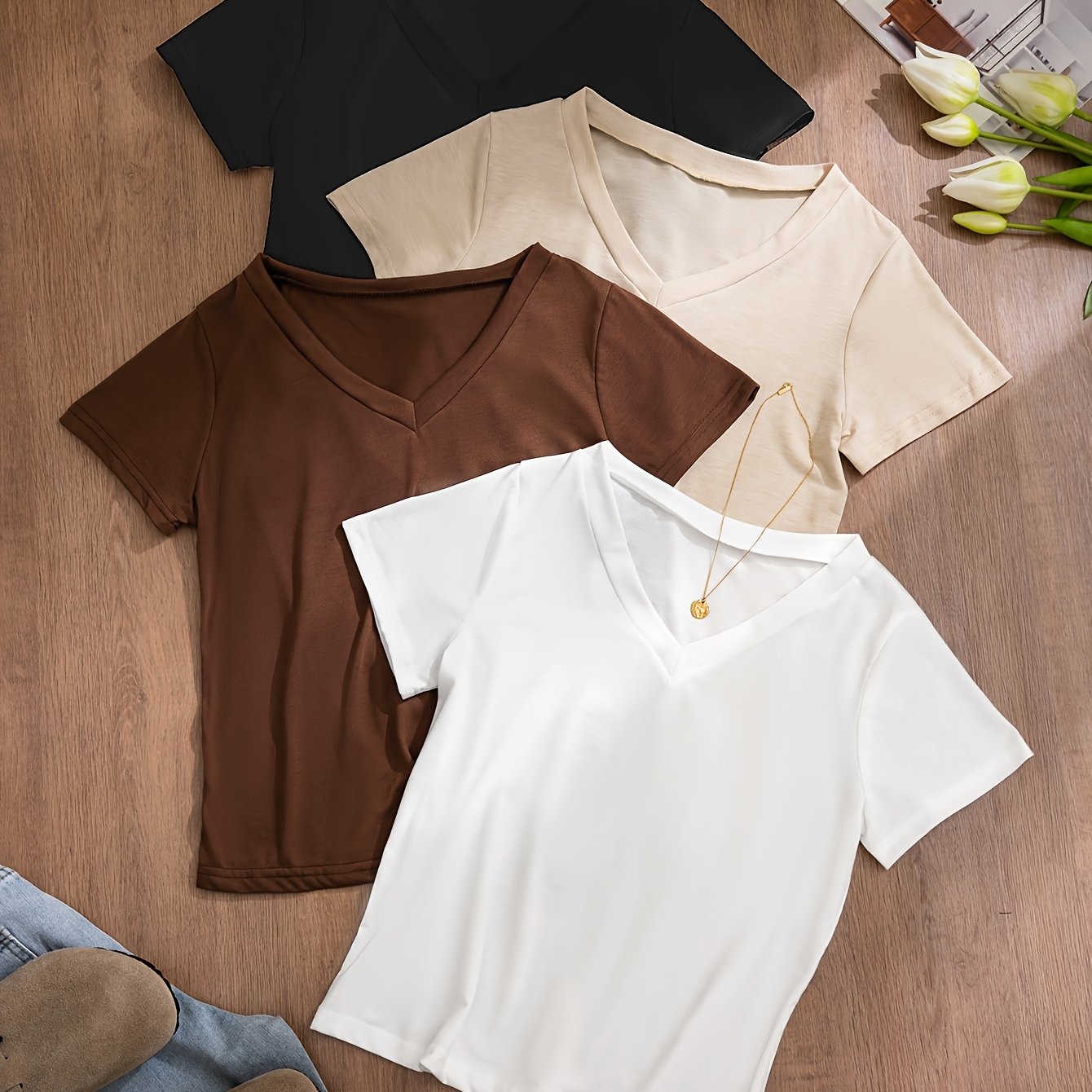 Four-pack V-neck Simple -shirts, Slim Fit And Figure-flattering