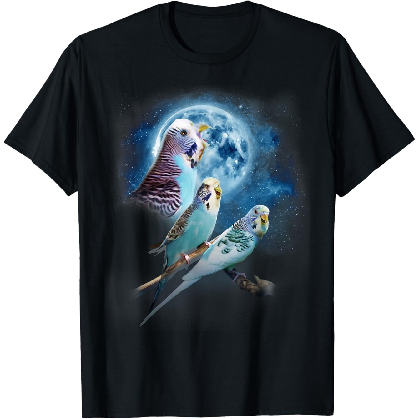 Image of At The Moon Shirt - Parakeet Shirt - Funny Budgie T-shirt, 100% Funny Shirt 180g Heavyweight T-shirts For Men Women Mom , Black Crewneck Short Sleeve, S-xxxl Regular- Shirt Cotton Printed Shirts