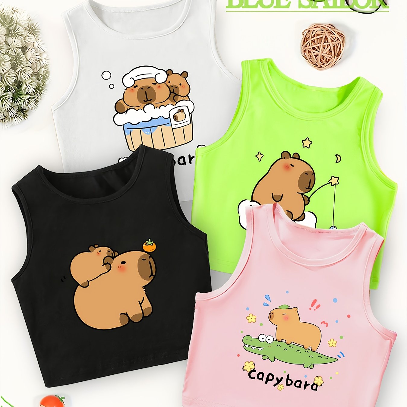 TEMU P8476(g16) 4pcs Capybara And Crocodile Girls' And Big Girls' Fashionable Round Neck Vest Set, Vest Tank Tops For Layering, Outdoor 4pcs Set