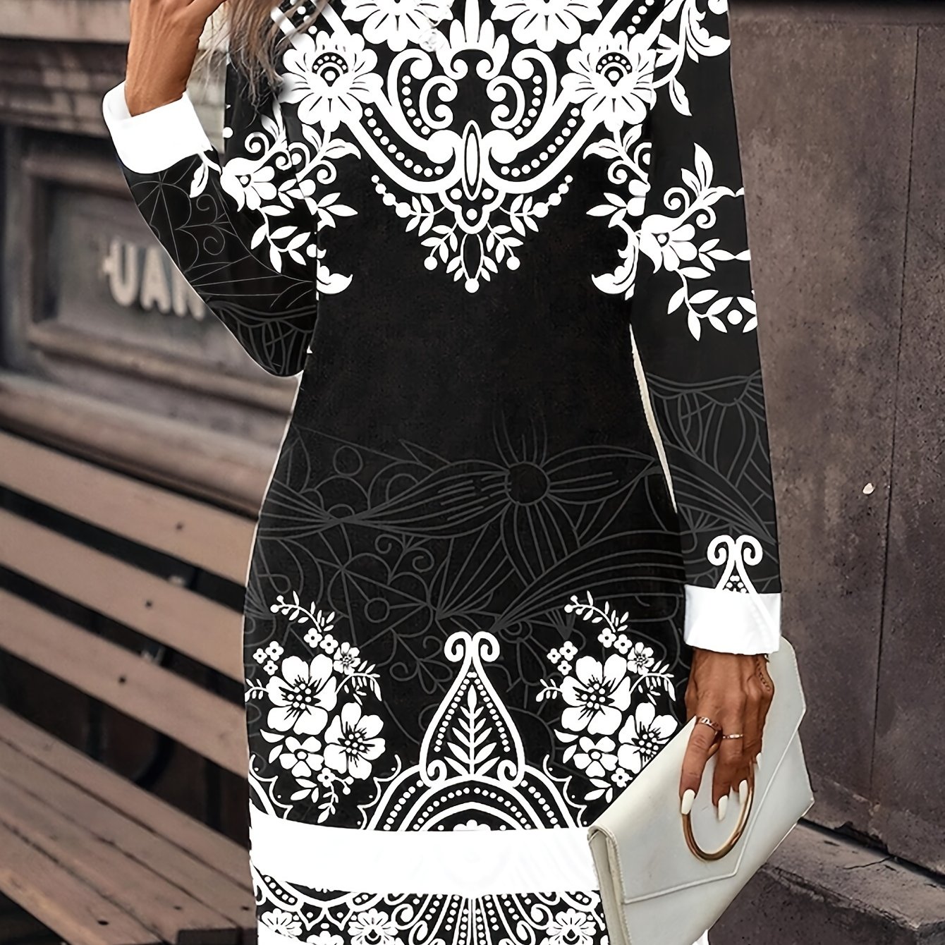 Image of Autumn-winter Vintage Paisley Floral Print Elegant Party Straight Fit Slim Dress