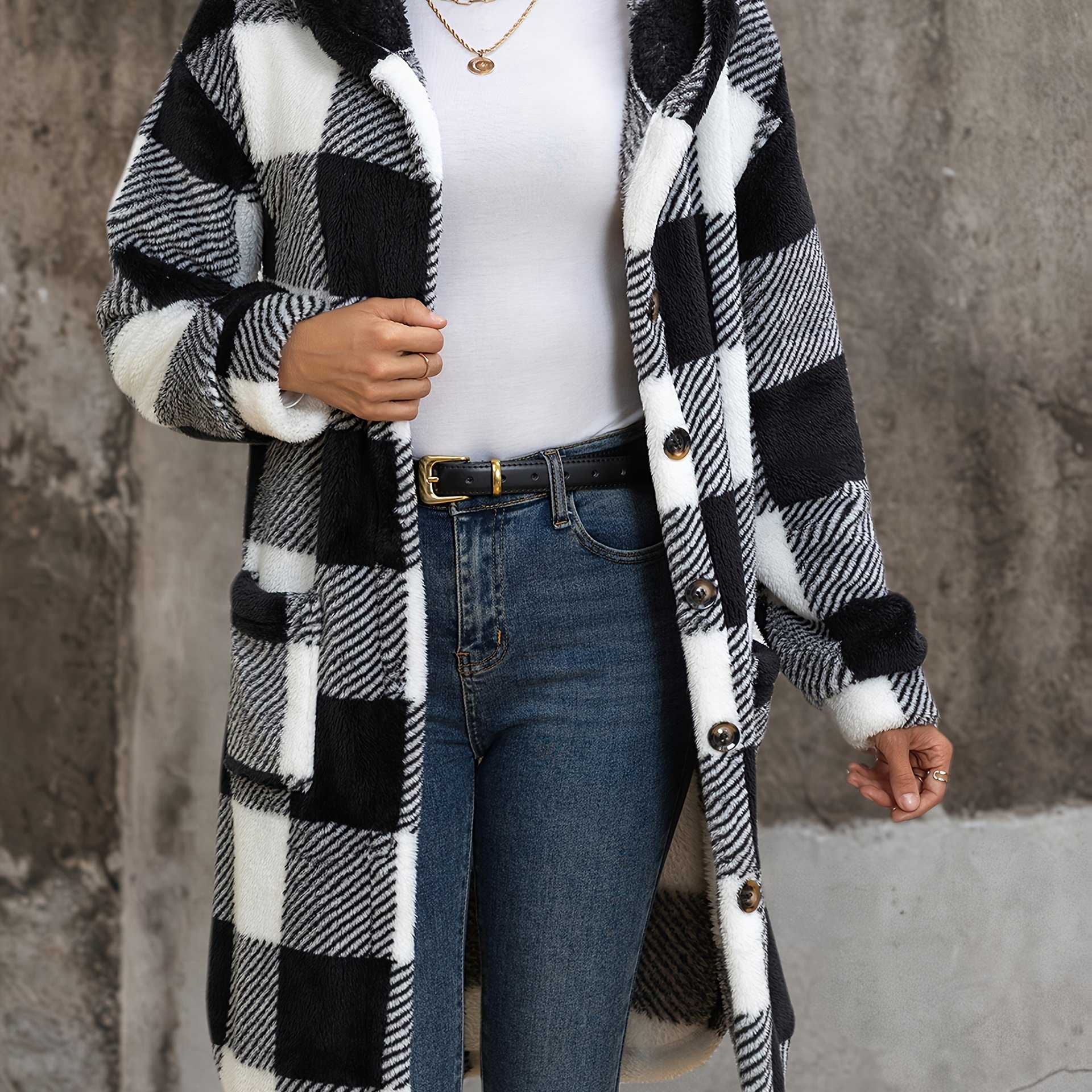 Image of Popular European And American Women's Fashion: New Autumn/winter Black And White Checkered Double-sided Plush Hooded Pocket Mid-length Casual Coat