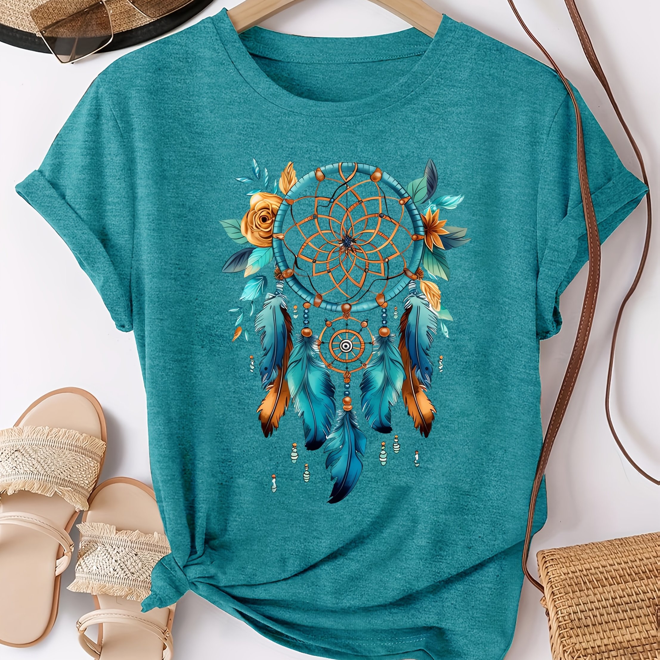 TEMU Women's Bohemian Dreamcatcher Floral Print T-shirt - Casual Loose Fit Round Neck Short Sleeve Top, Breathable Machine-washable Fabric For &