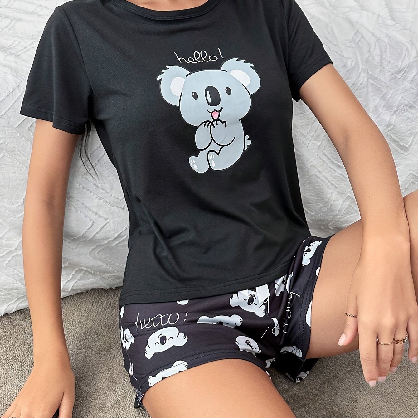 TEMU Women's Cute Koala Print Pajama Set, Short Sleeve Round Neck Top & Shorts, Comfortable Relaxed Fit