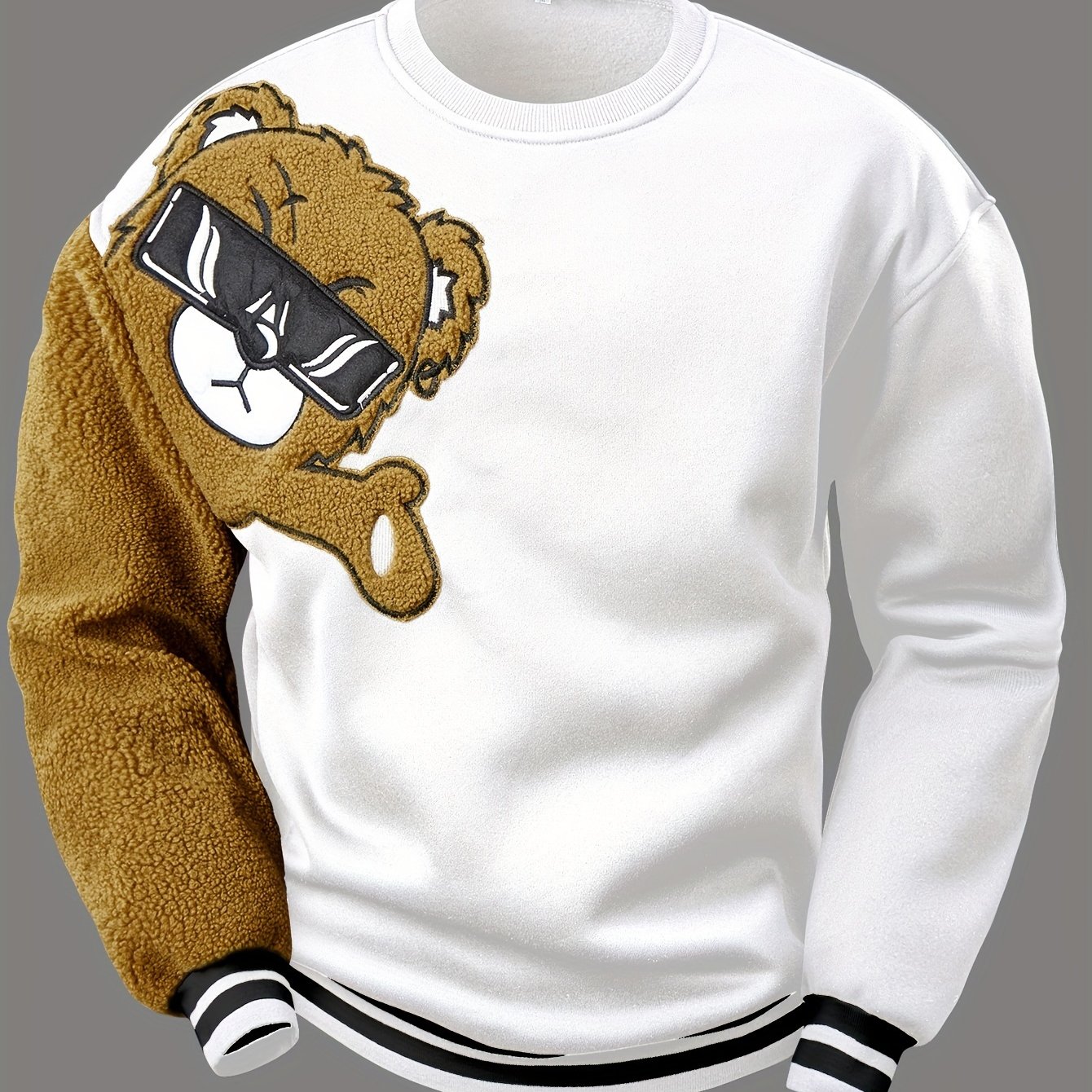 TEMU Cartoon Bear Embroidery Crew Neck Sweatshirt, , Outdoor Cloth