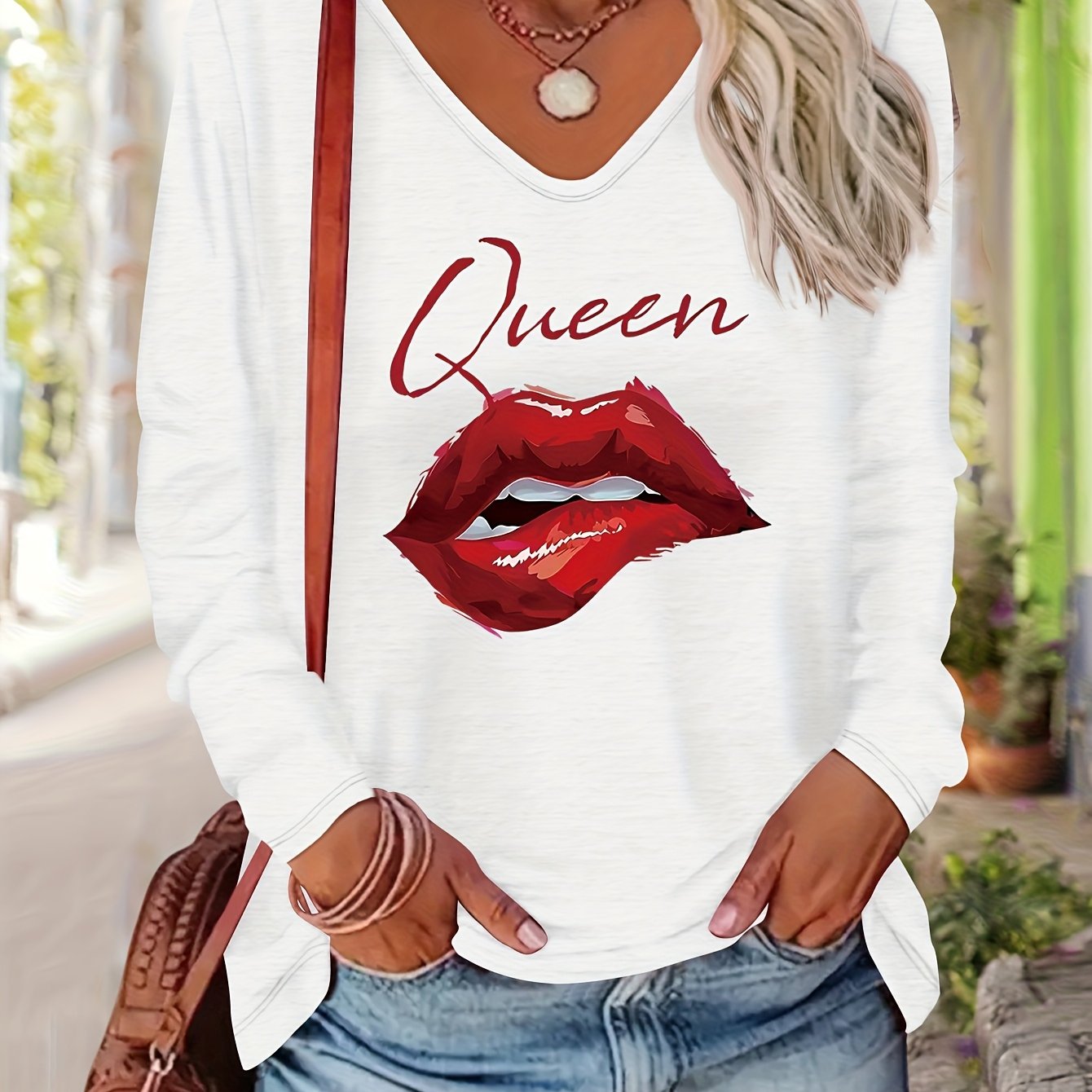 TEMU Camiseta de larga con cuello en V, estampado de de , estilo europeo y americano, para mujer, de otoño/invierno, diaria, versátil, a , casual,