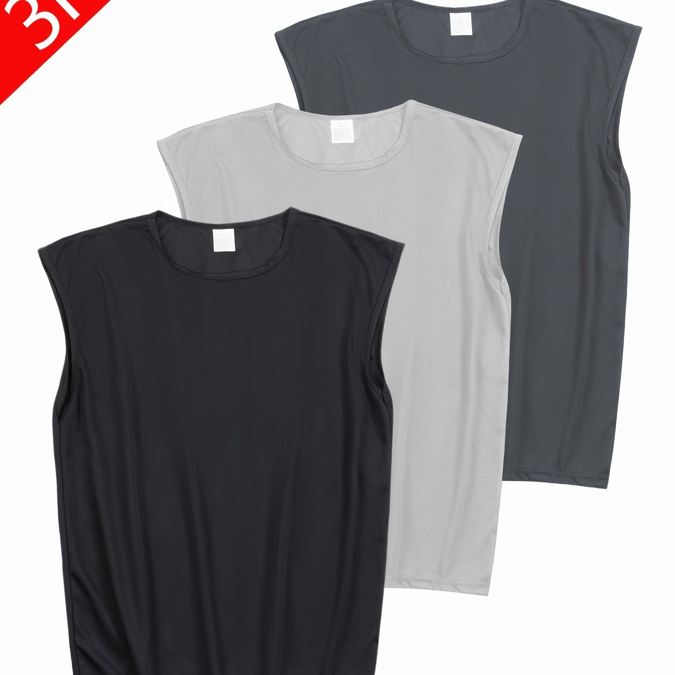 TEMU 3pcs Pc Men's Plus-size Quick-dry Breathable Sleeveless Athletic Vests - High-elasticity Loose- Shirts Suitable For Running, Basketball, Fitness