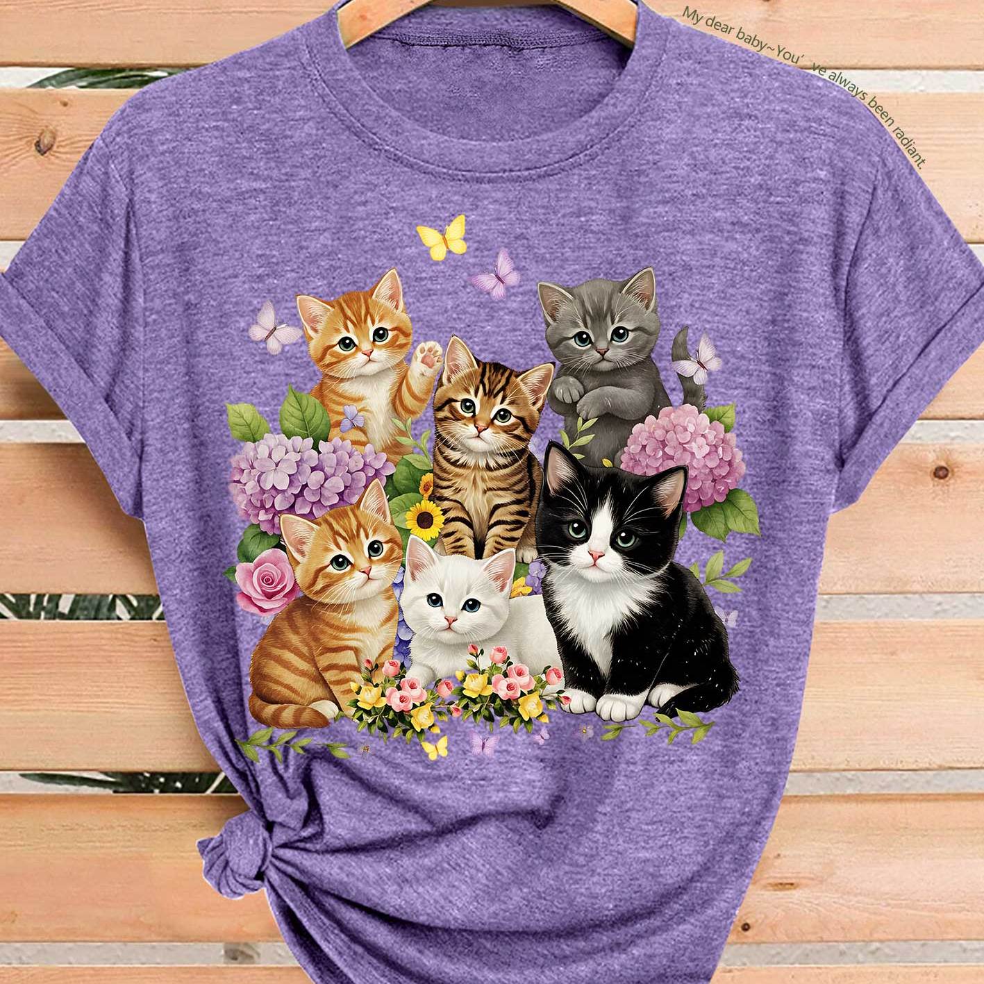 TEMU Summer New Plus Size T-shirt For Women, Cute Cat And Hydrangea Print, Suitable For Daily , Commuting, Vacation, Summer Trips, Spring, Summer And