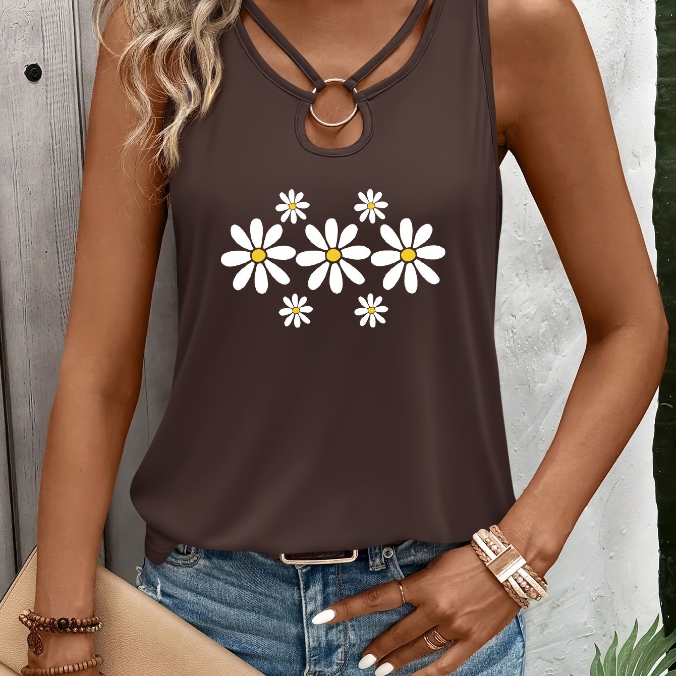 TEMU 1pc Summer Casual Printed Cut-out Sleeveless T-shirt | Women's V-neck Top With Floral Pattern -7103