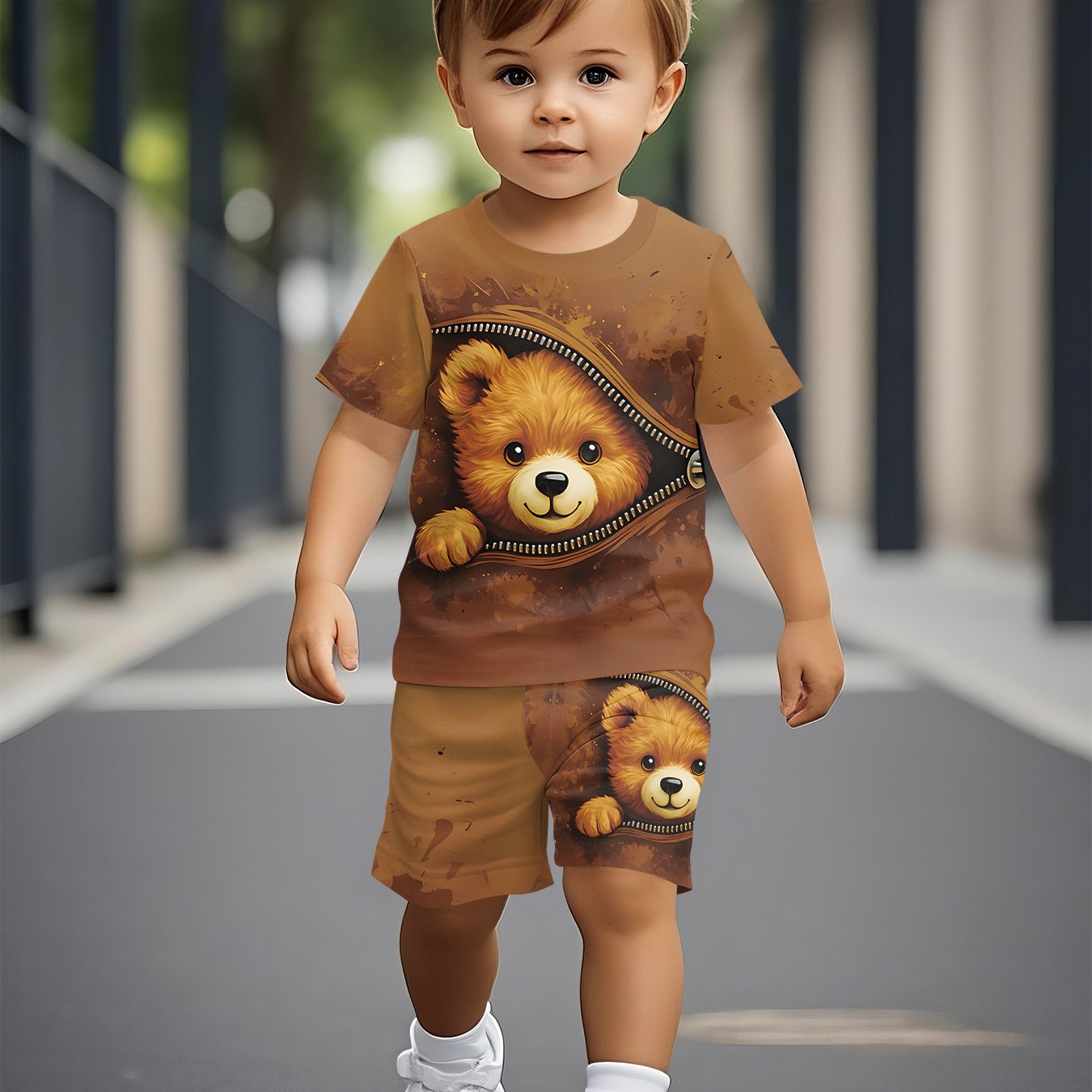 Baby Boy's Short-sleeve Crew-neck T-shirt And Shorts Set With Brown Background And Zipper Bear - 100% Polyester, 3d Digital Printing, Cute , Suitable For Outdoor Wear, And Toddler Set
