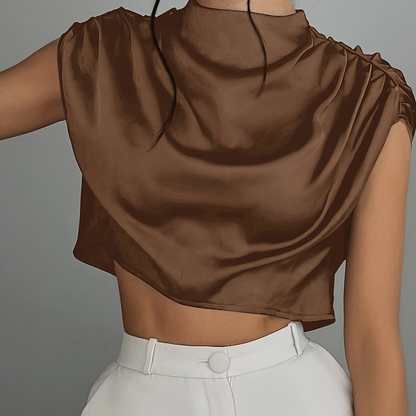 TEMU Women's Elegant Solid Color Pleated Short Top, Designed For Summer