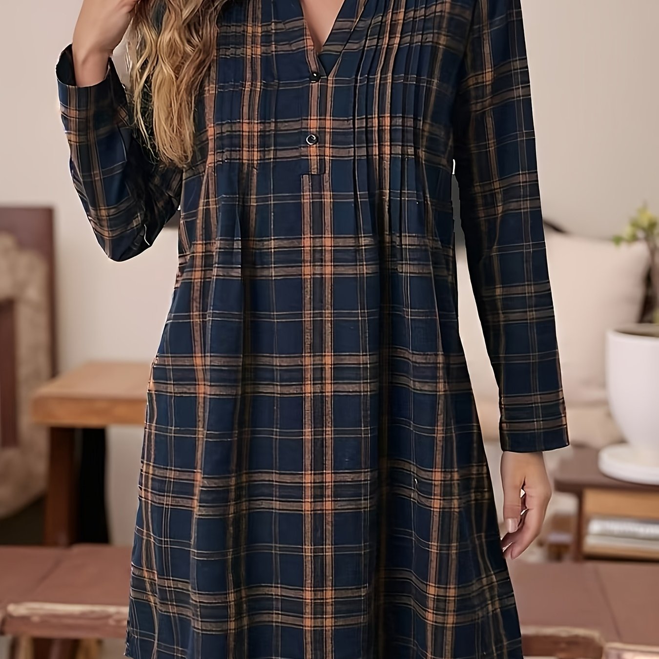 TEMU Women's Elegant V-neck Half-open Pleated Long Sleeve Vintage Versatile Casual Dress