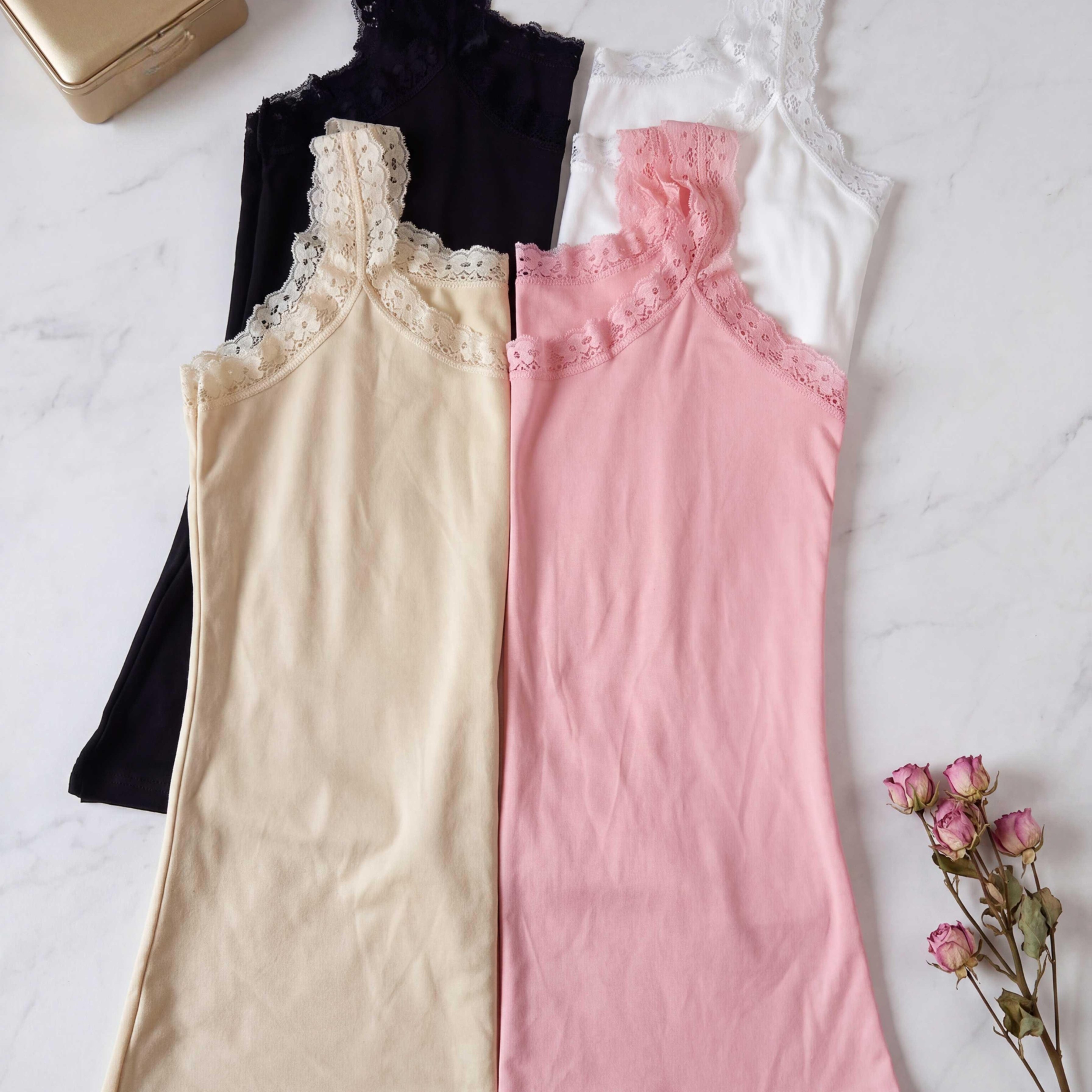 TEMU 4pcs Women's Lace Trim Cami Tank Top, Slim Fit Basic Undershirt, Coquette Style, Stretchy And Breathable, Layering Top For Daily/work/home