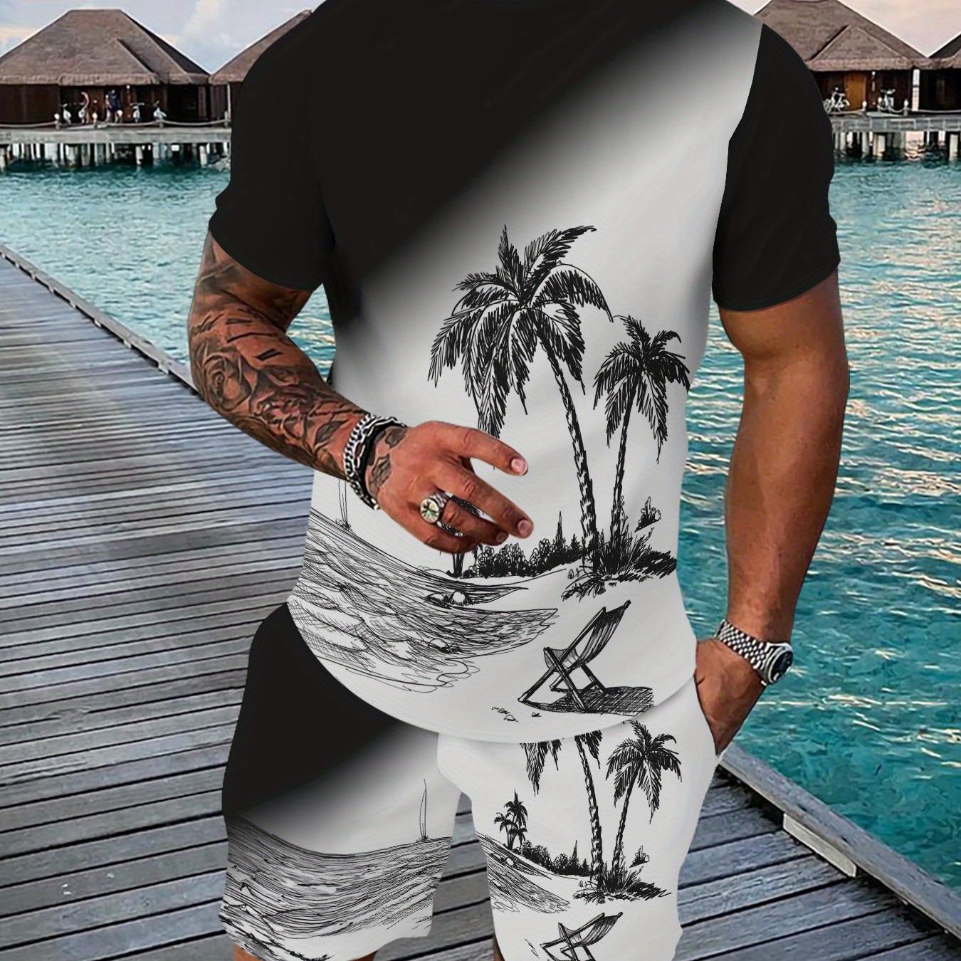 TEMU Men's Breathable Casual Sportswear Set - 3d Printed T-shirt & Shorts Combo, Stretchy Polyester Blend, Machine Washable
