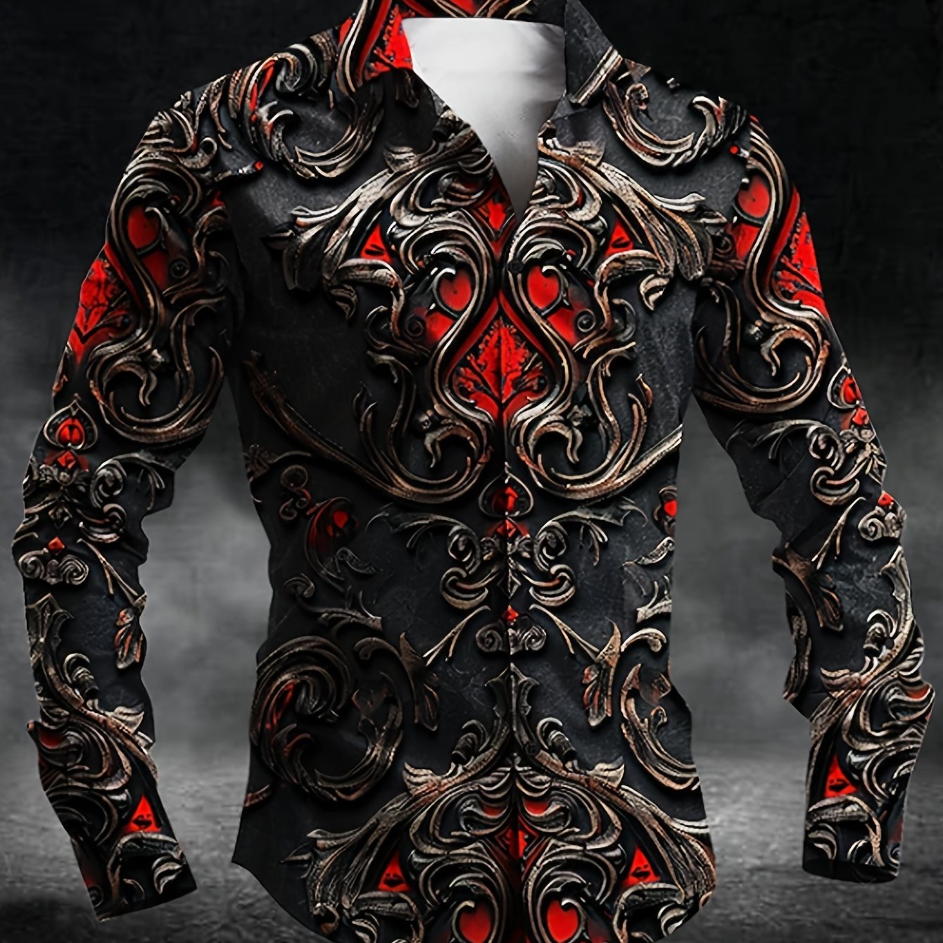 Image of Halloween, Skull, Party, Black Casual Personalized Totem Texture Pattern Print, Casual Party Evening Daily Holiday Dress, Collar Long Sleeve Outdoor Personalized Top Shirt
