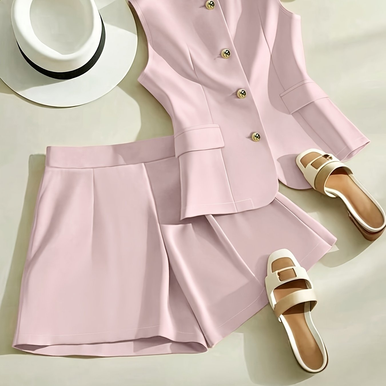 TEMU 2pcs Set, Solid Color, Round Neck, Sleeveless, Front-button, Casual And