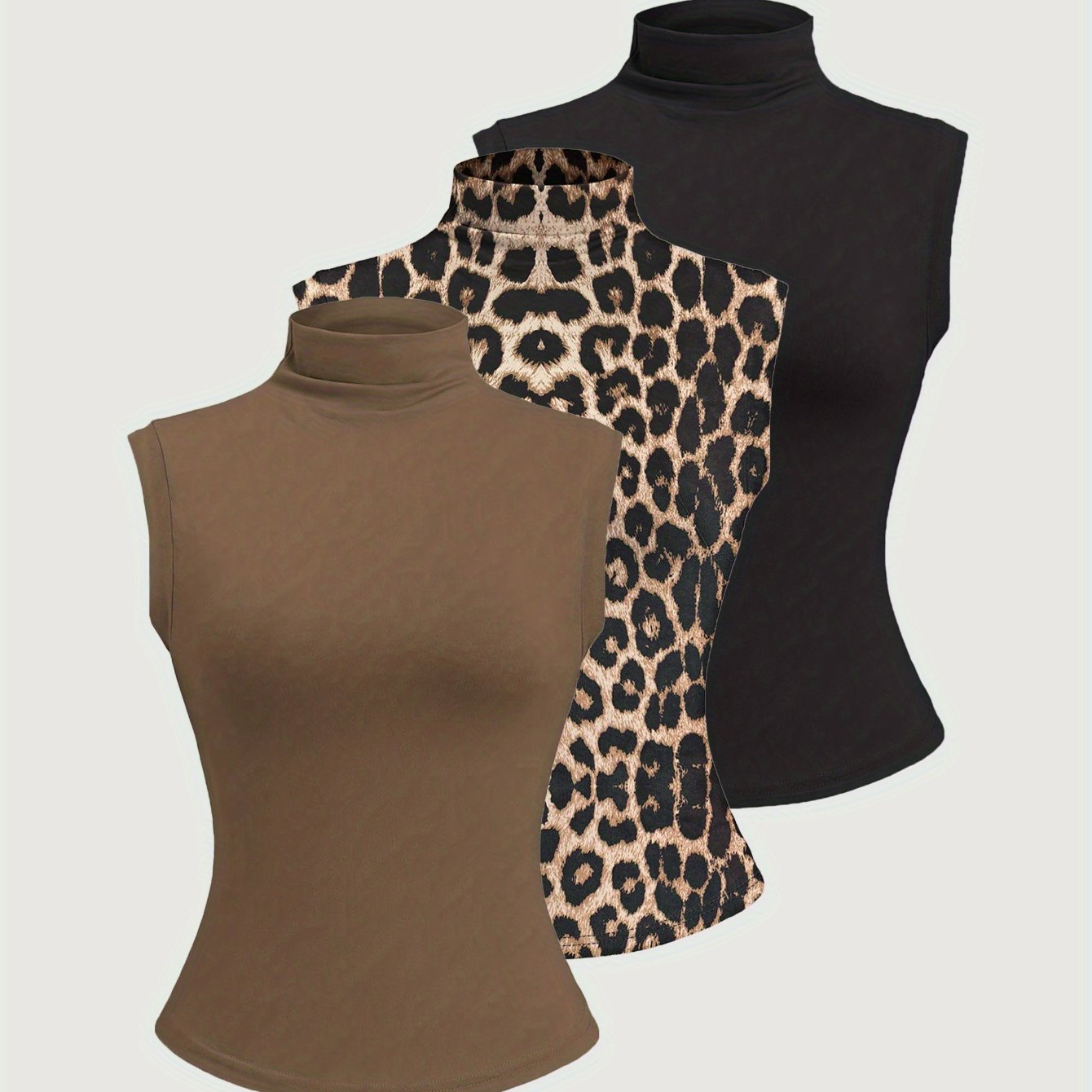 E-shop Damen 3-teiliges Frühlings-/Sommer-Mode Verspieltes Lässiges Slim Fit Mock Neck Regular Shoulder Ärmelloses Top Set [YTD]