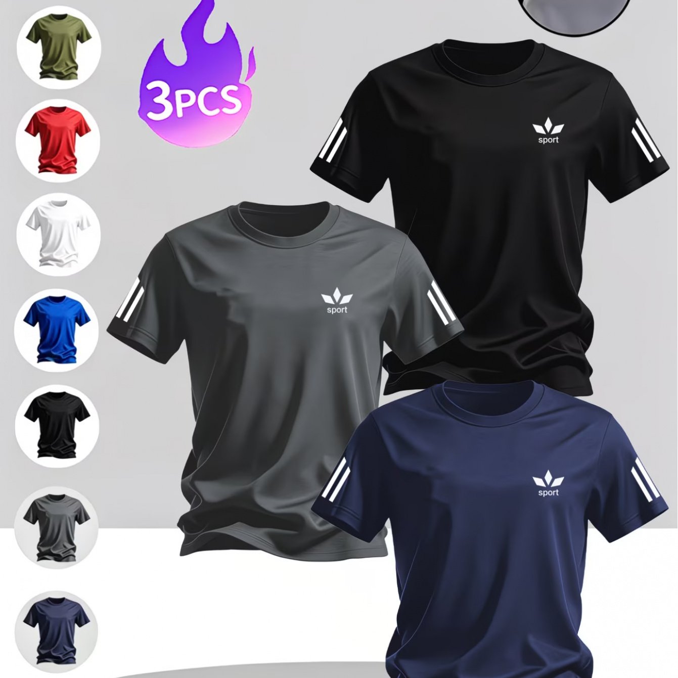 TEMU 3pcs Men's Summer T-shirt, Assorted Print Pattern /navy Blue Short-sleeve, Crew Neck, Quick-drying, Breathable, Sweat-wicking, Casual,