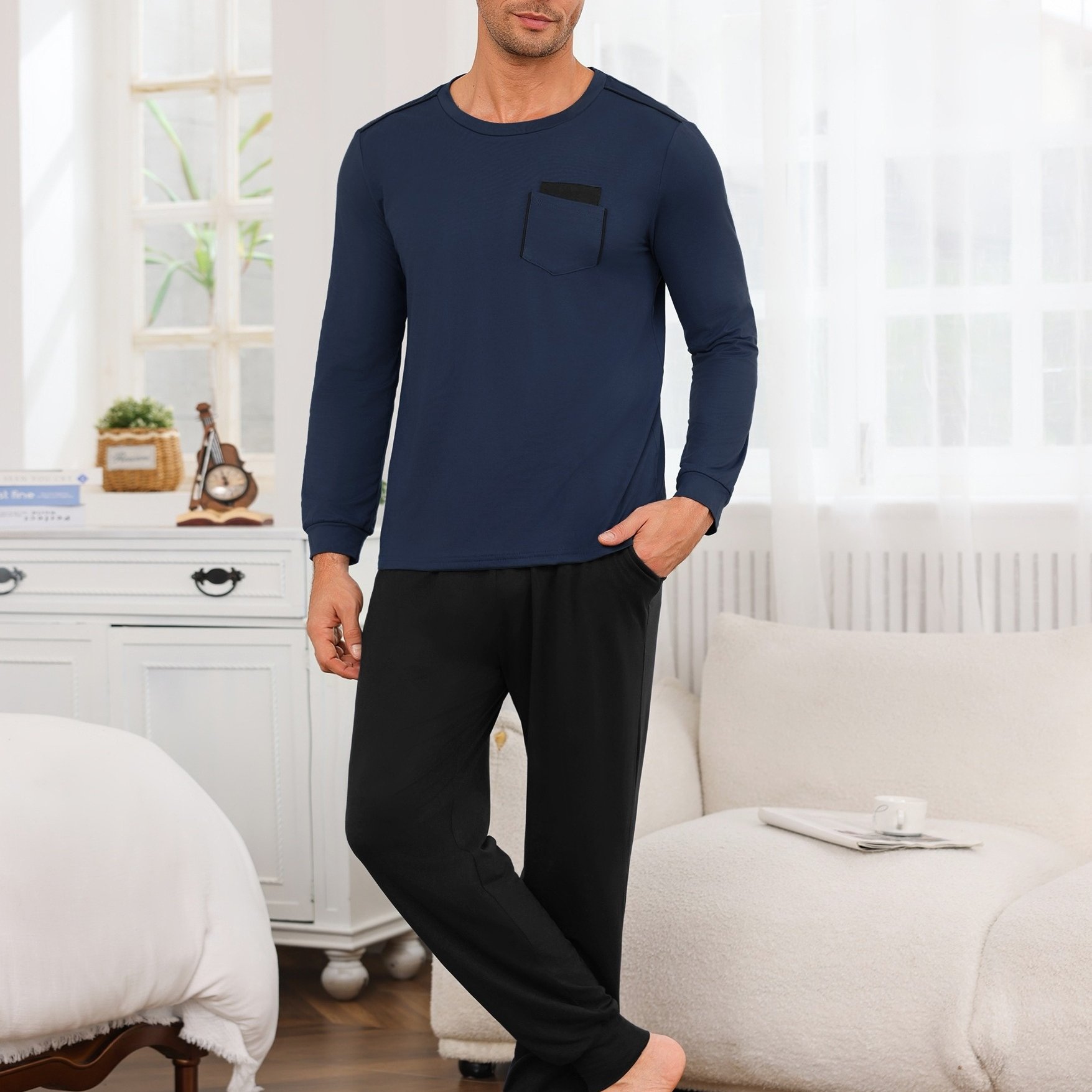 Image of Men' Contrast Stitching Crew Neck Long Sleeve Pajama Set, Chest Pocket Top And Elastic Waist Jogger Pants With Pockets, Soft 2pcs Sleepwear Loungewear