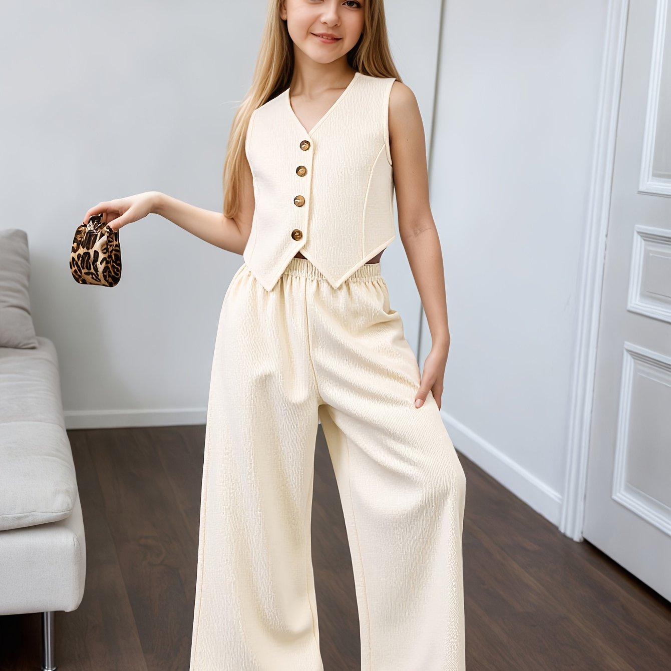Classic Elegant Style 's Set: Vest And Wide-leg Pants 2pcs Outfit, Perfect For Outdoor