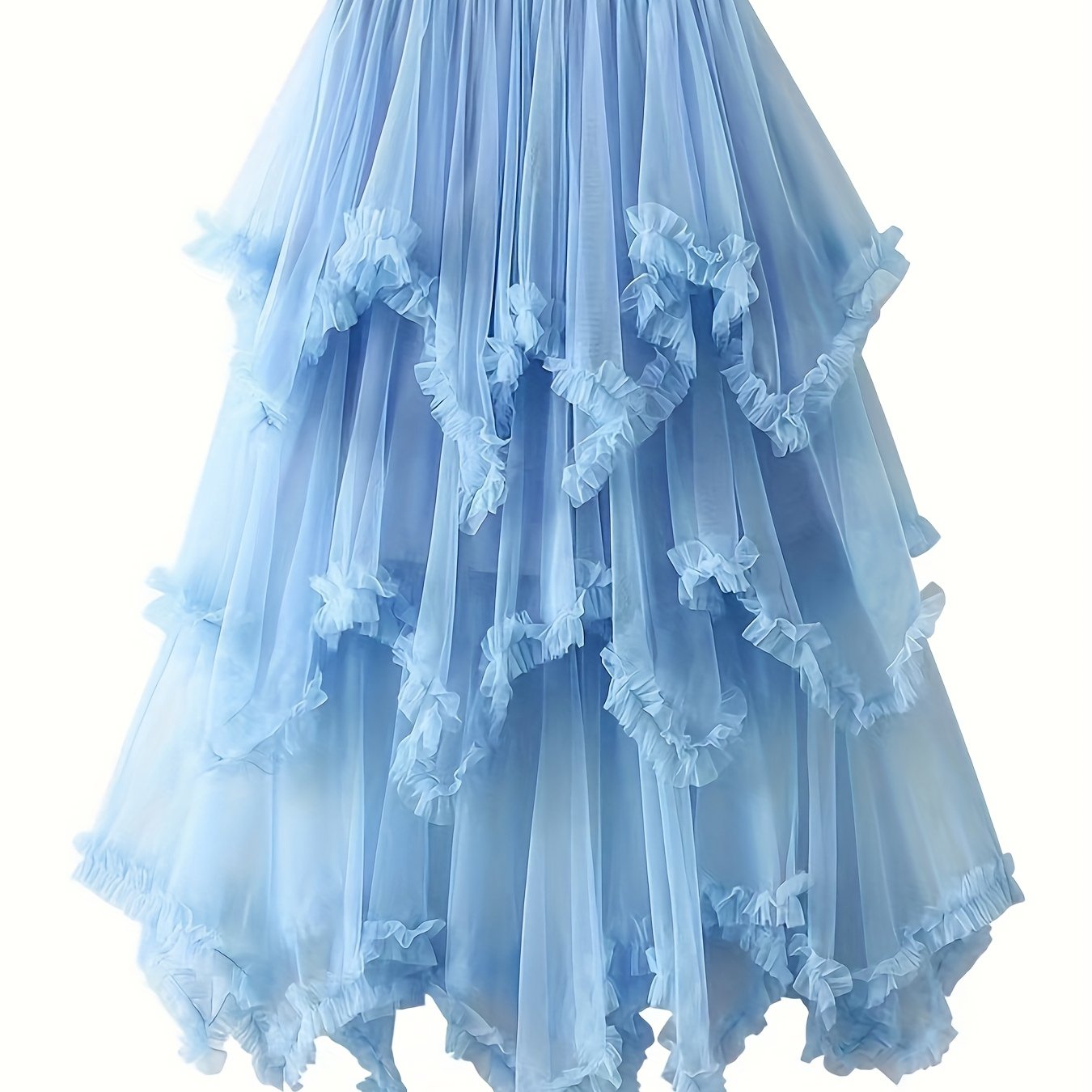 Ruffle Irregular Mesh Cake Skirt Midi High Waist Flared Fairy Tulle Long Skirt