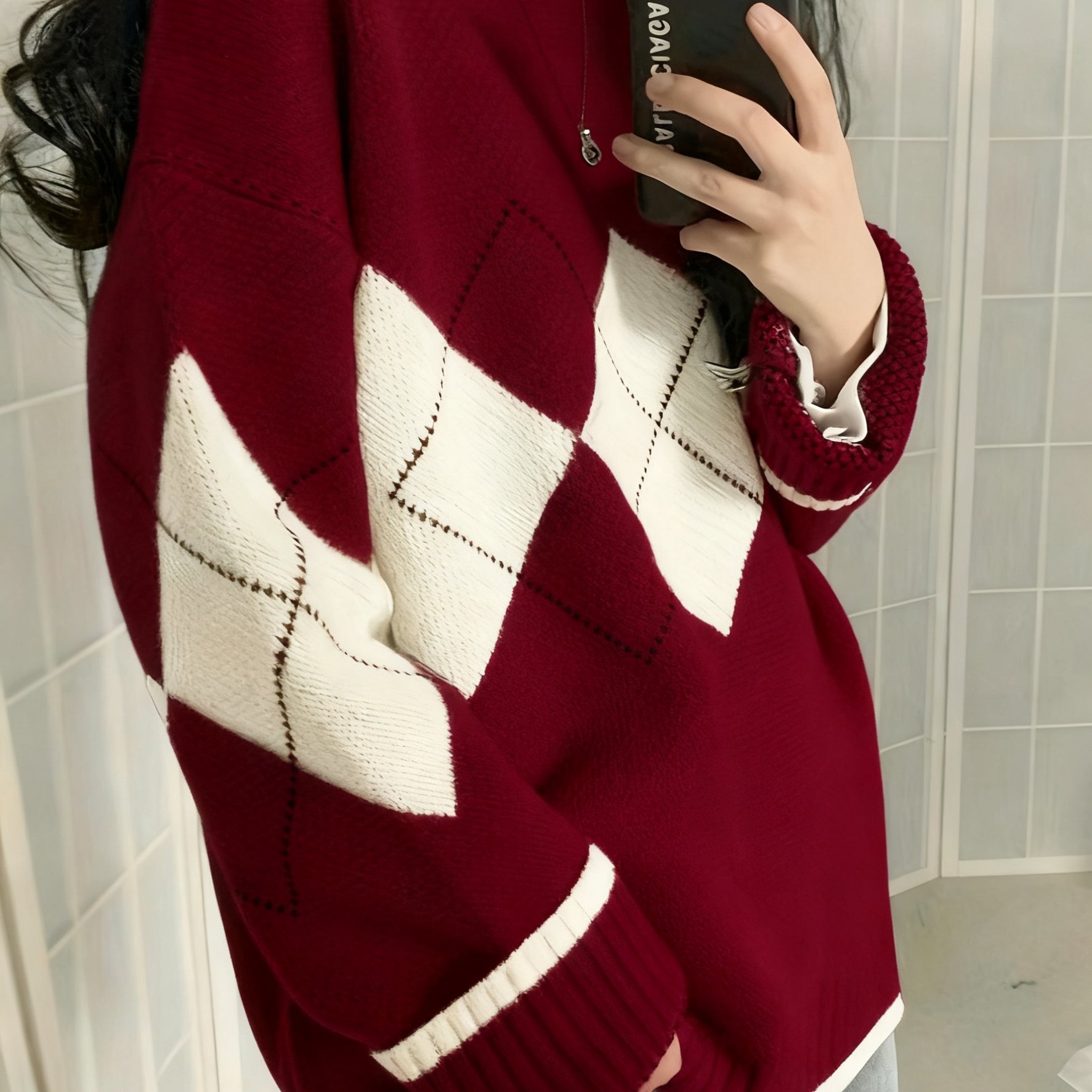 TEMU Damen Herbst/Winter Eleganter Farbblock-Rauten Jacquard Langarm-Pullover, Aktion, Promotion