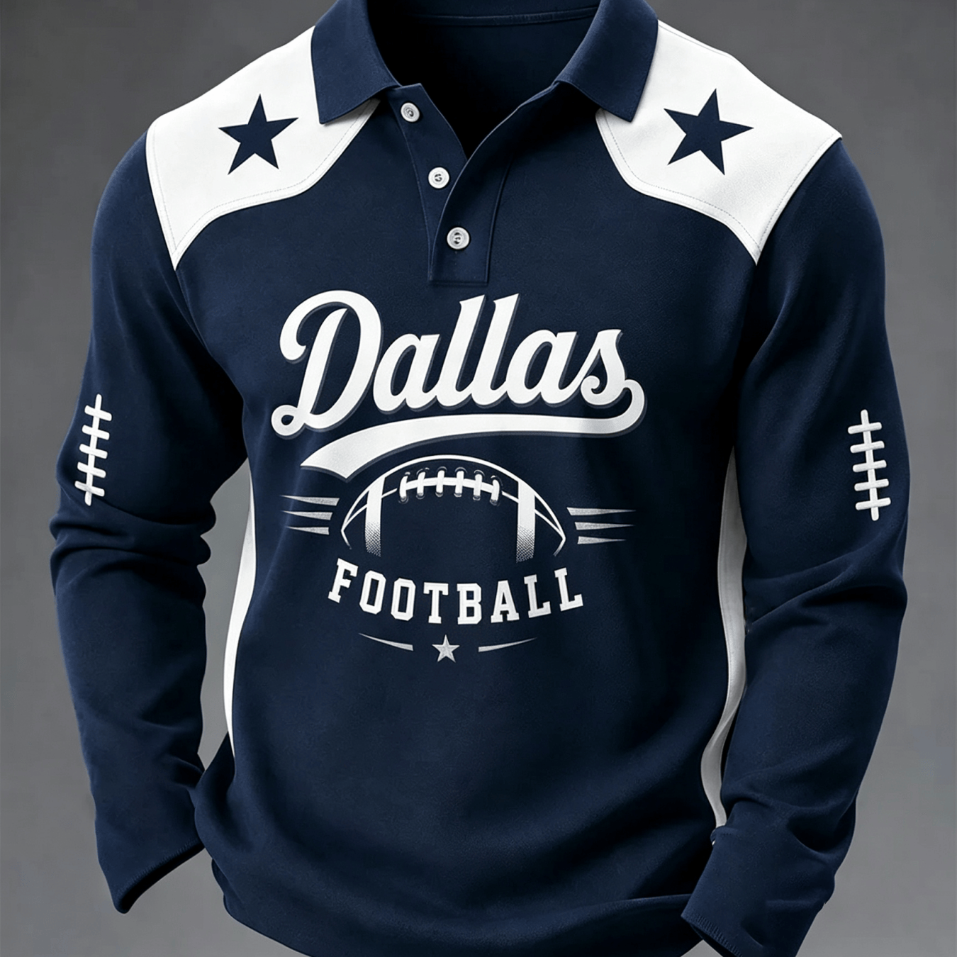 TEMU Men's Lapel Long Sleeve Shirt, Navy With White Shoulder Star, Dallas Football Letter Print, Sports Style, For Sports Watching, Daily , Weekend