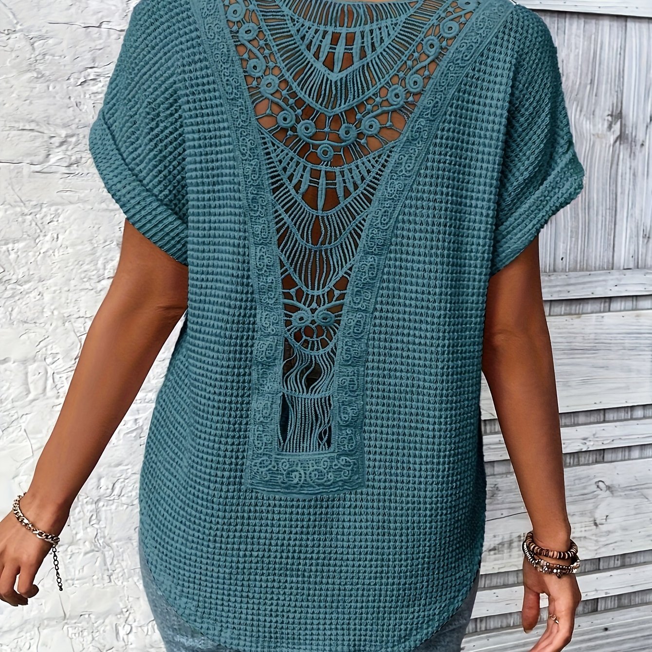 Women's Summer Lace Round Neck Short Sleeve Casual T-shirt