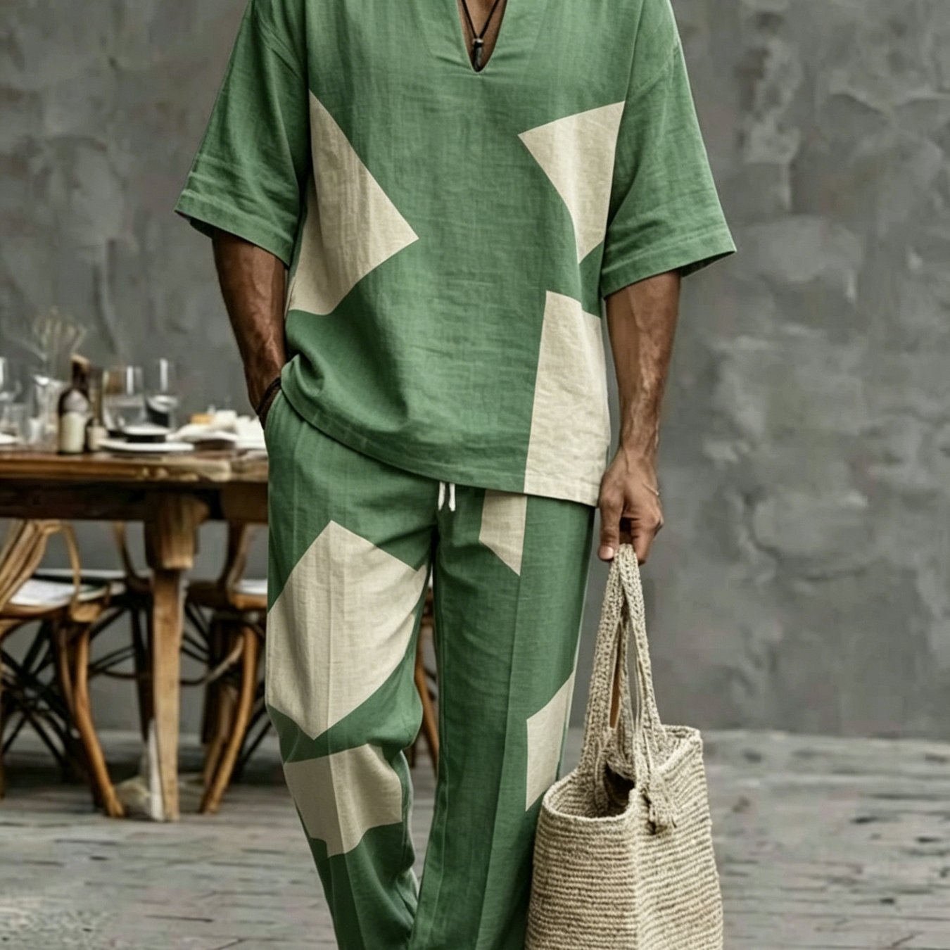 Image of Men's Stylish Printed Casual 2pcs Set | Short-sleeve Top With Casual Trousers | Prints, Spring And Autumn Set, Streetwear, Casual Social Gatherings, Or Vacation