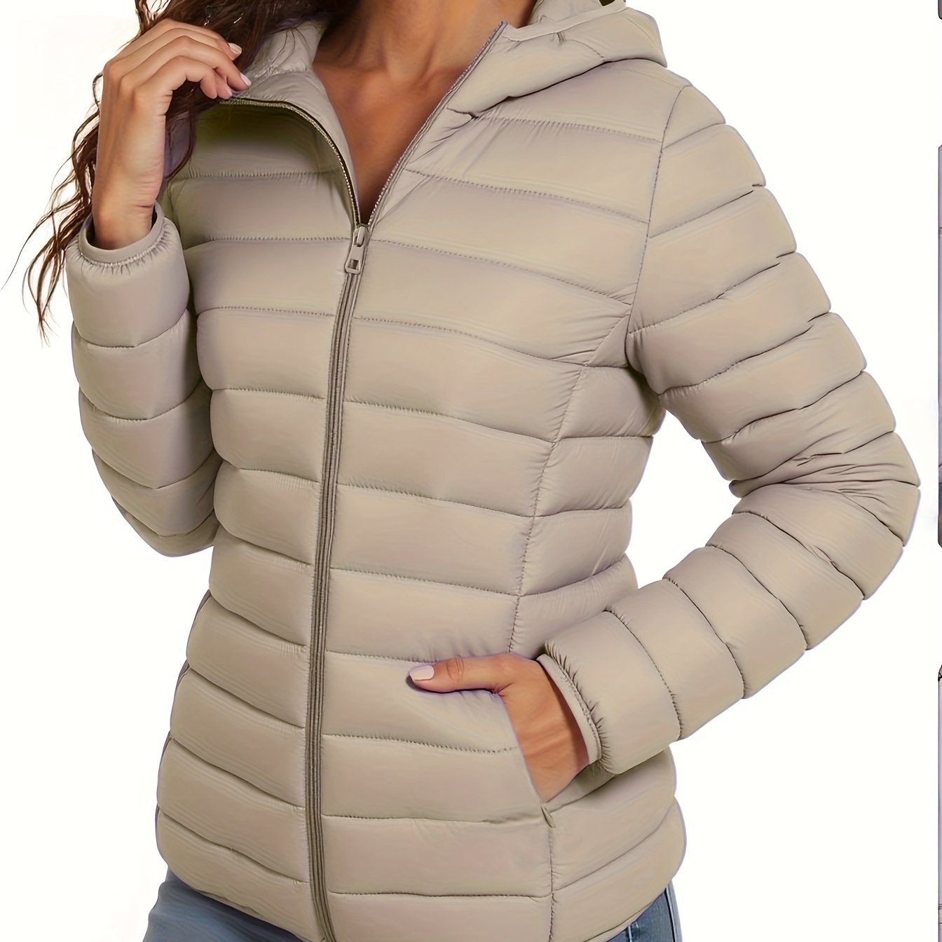 TEMU Warmvibe 2025 New Lightweight Thin Women's Hooded Zipper Padded Coat Jacket - Lightweight Autumn/winter Outerwear For Travel - Retractable Cuff