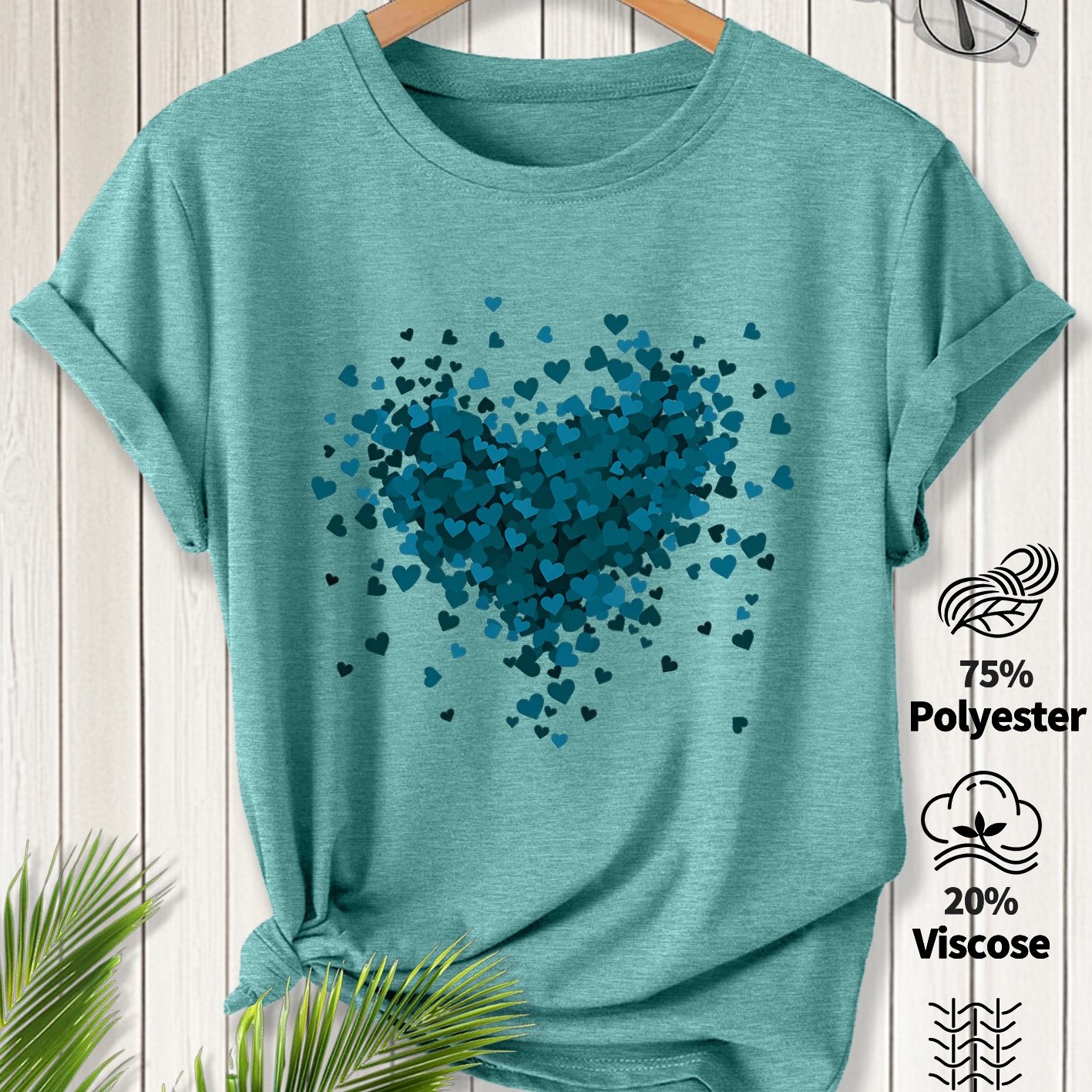TEMU Women's Elegant Short Sleeve Heart Print Round Neck T-shirt, Suitable For Spring Summer Fashion Comfortable Soft Breathable New Commute Vacation