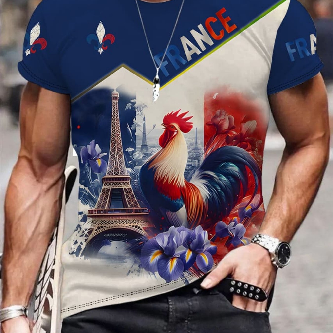 TEMU T-shirt à manches courtes et col pour homme sur le thème français, haut décontracté avec imprimé coq et Eiffel