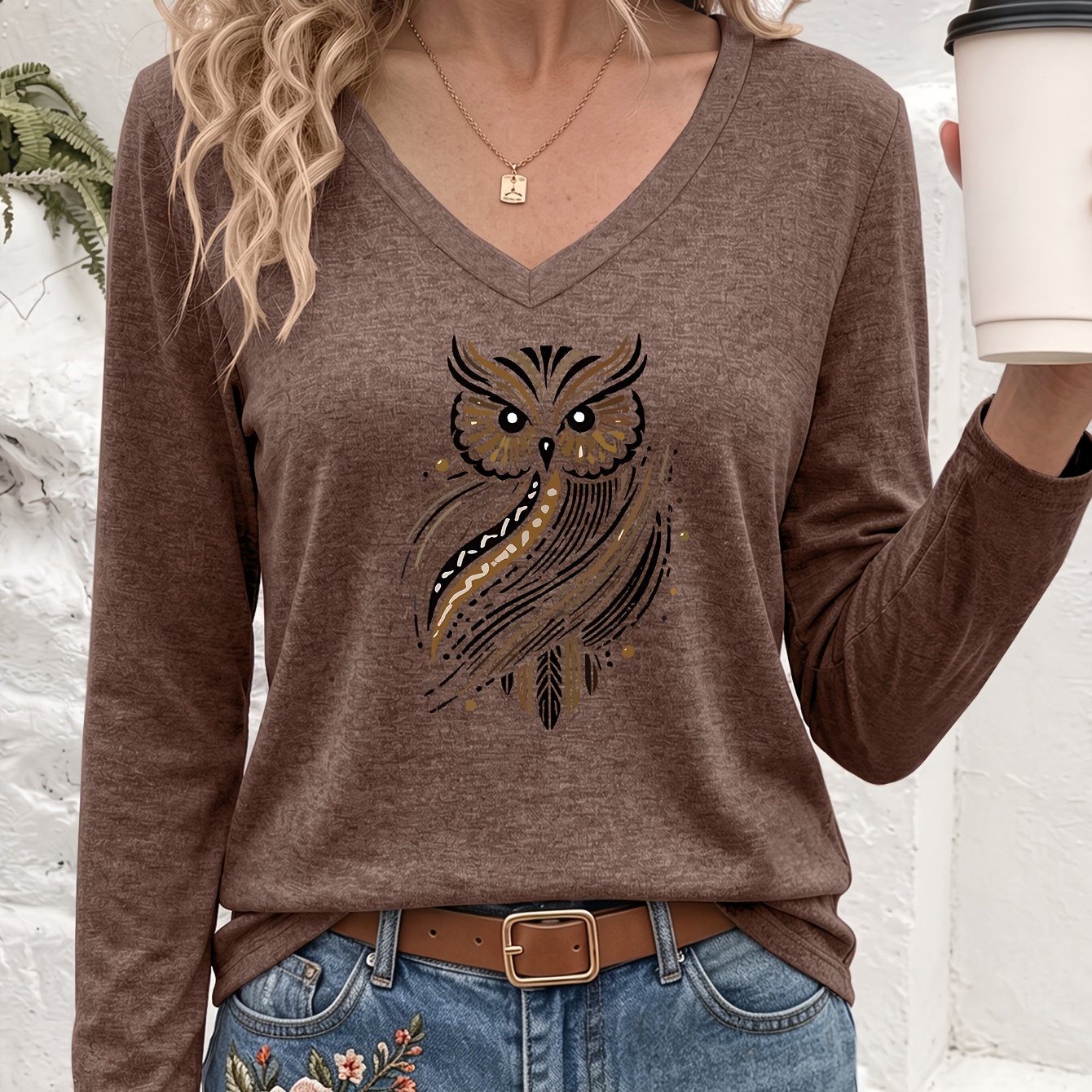 TEMU V-neck Colored Long-sleeve T-shirt With A Decorative Art Owl Print Featuring Smooth Lines And Geometric Accents. A New Autumn/winter Long-sleeve