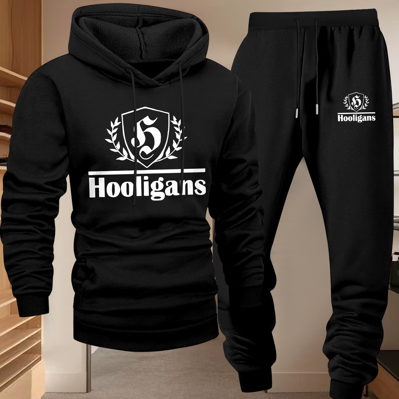TEMU Badge Print, Men's Long-sleeve Hooded Sweatshirt Two-piece Set, Casual Sportswear Stylish Trendy Outfit