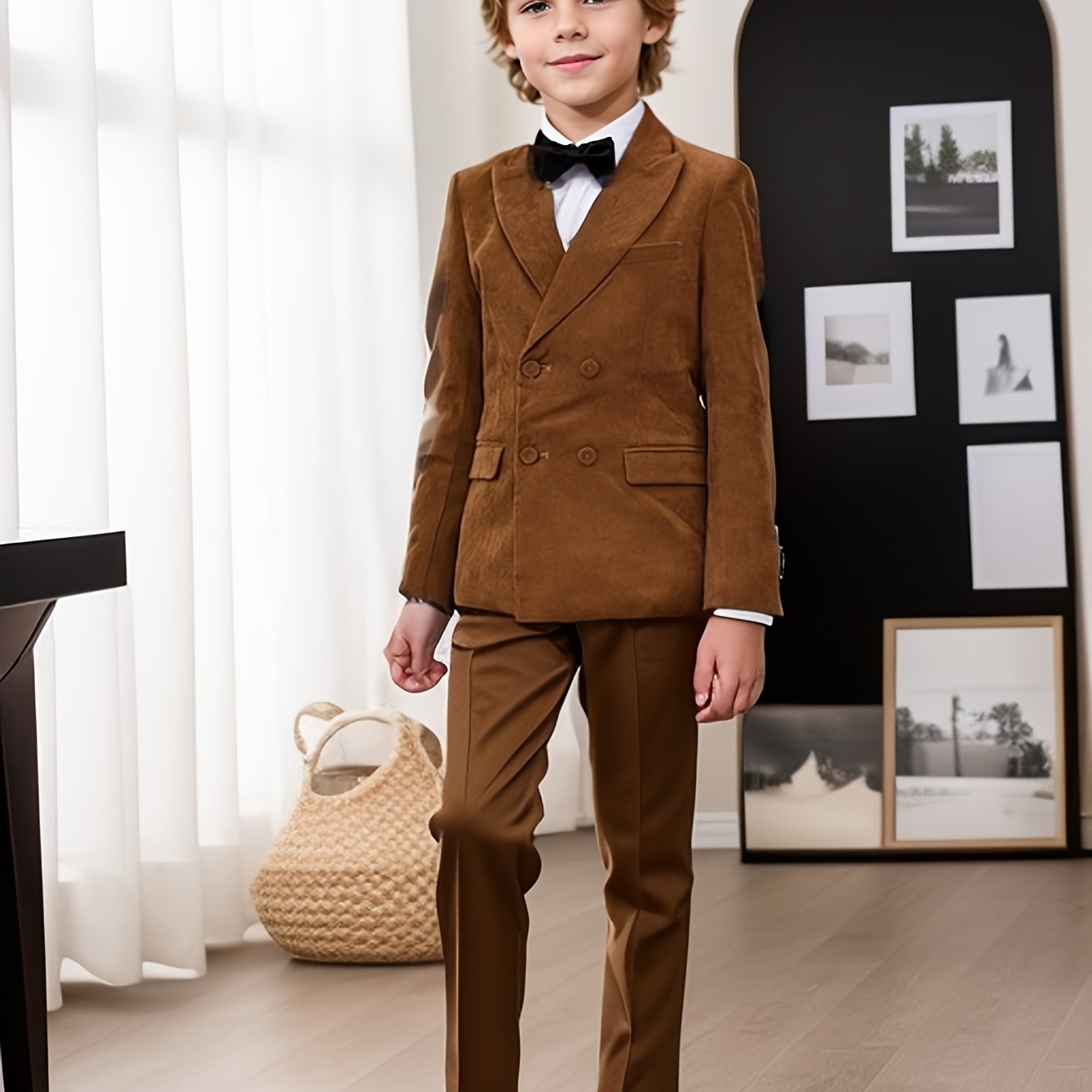 1set * Boys Gentleman Suit - Long Sleeve Solid Color * Polyester (95%) Spandex (5%) Non-Stretch Fabric with Buttons - * Jacket, Pants, Bow Tie