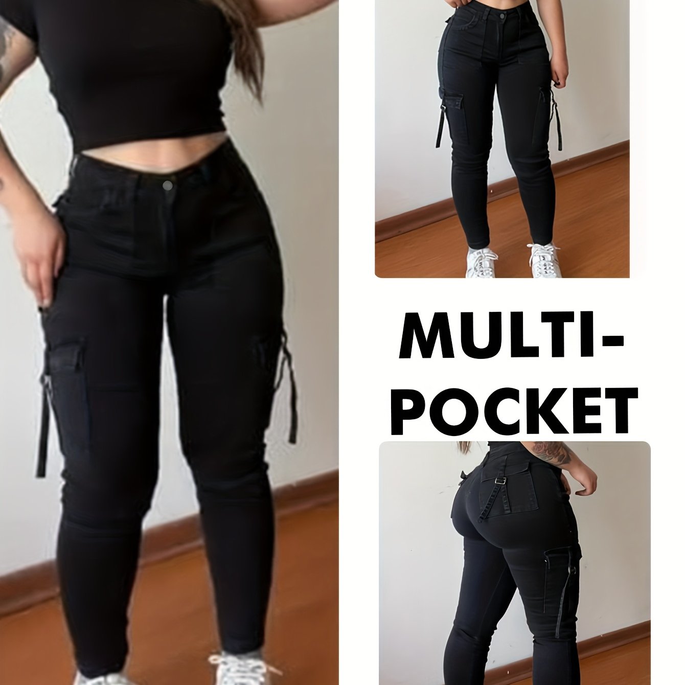 Image of Women's High-waist Stretchy Black Cargo Pants With Multiple Pockets - Y2k Streetwear Style, Comfortable & Stylish For Casual , Cute Pants Denim Jeans