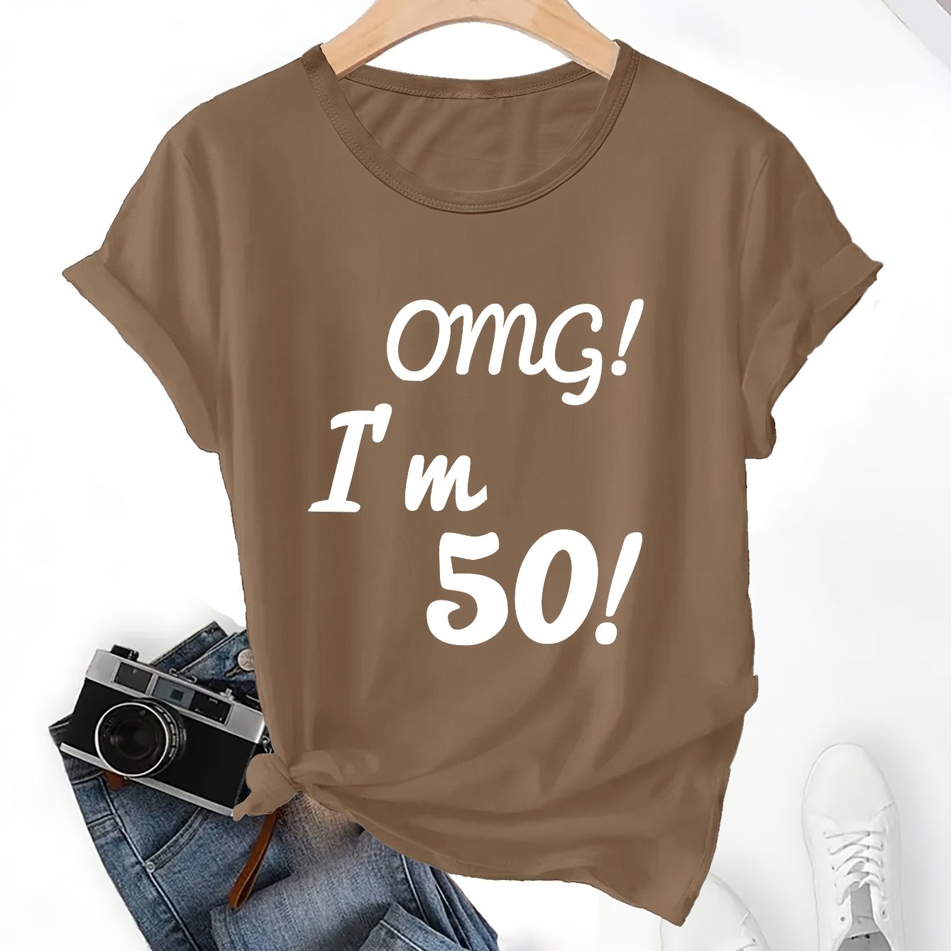 TEMU Women's "omg! I'm 50!" Funny 50th T-shirt - Round Neck Short Sleeve Blouse-compatible Top, Machine Washable Suitable For Parties, Gifts & Casual